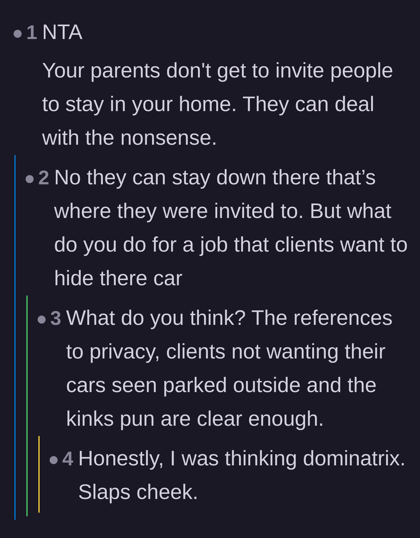 Comment thread 1 - Readers pointing out the parents' overreach while wildly speculating about the homeowner's secretive profession.