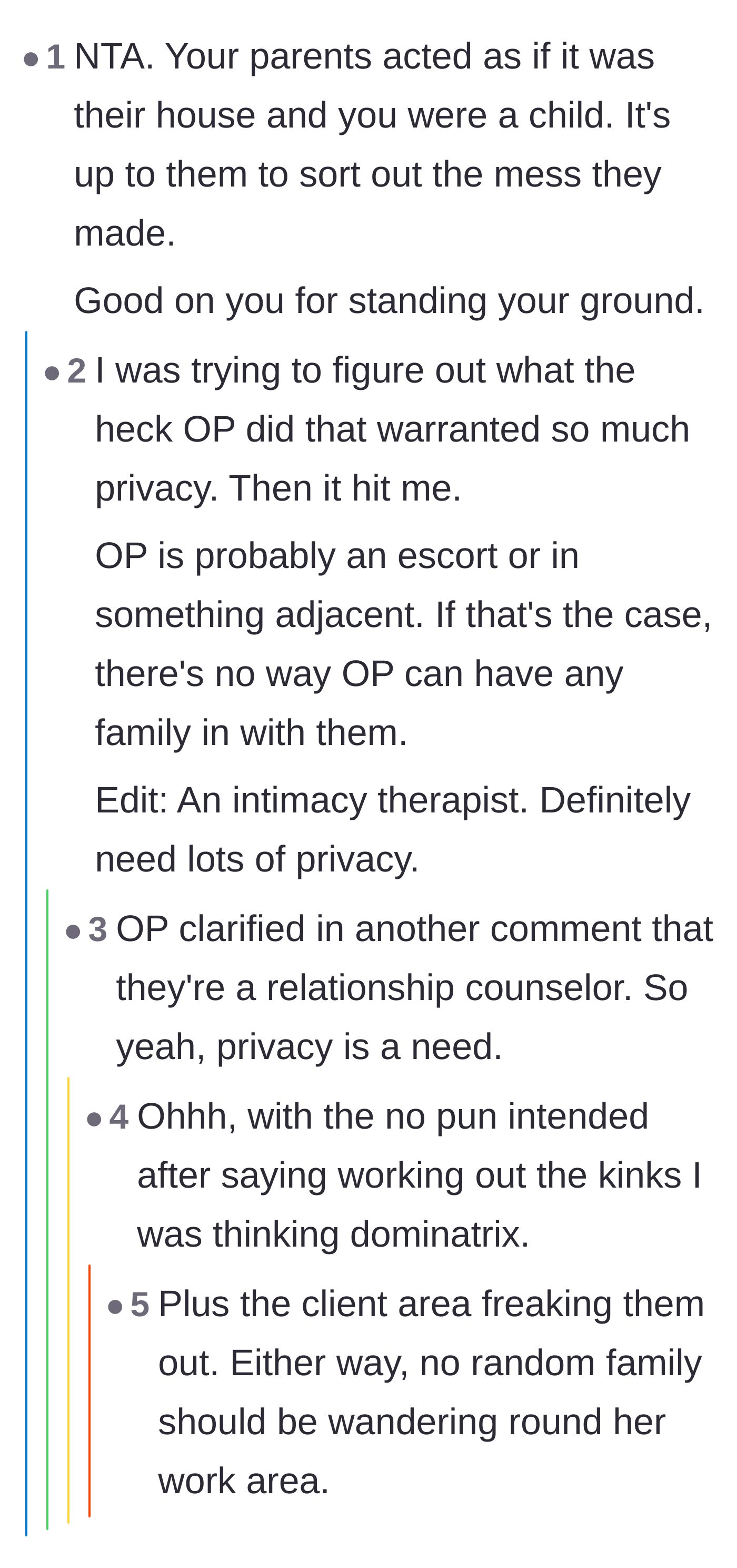 Comment thread 2 - A deep dive into how the parents infantilized the homeowner, followed by a realization of why the private client area was so shocking.