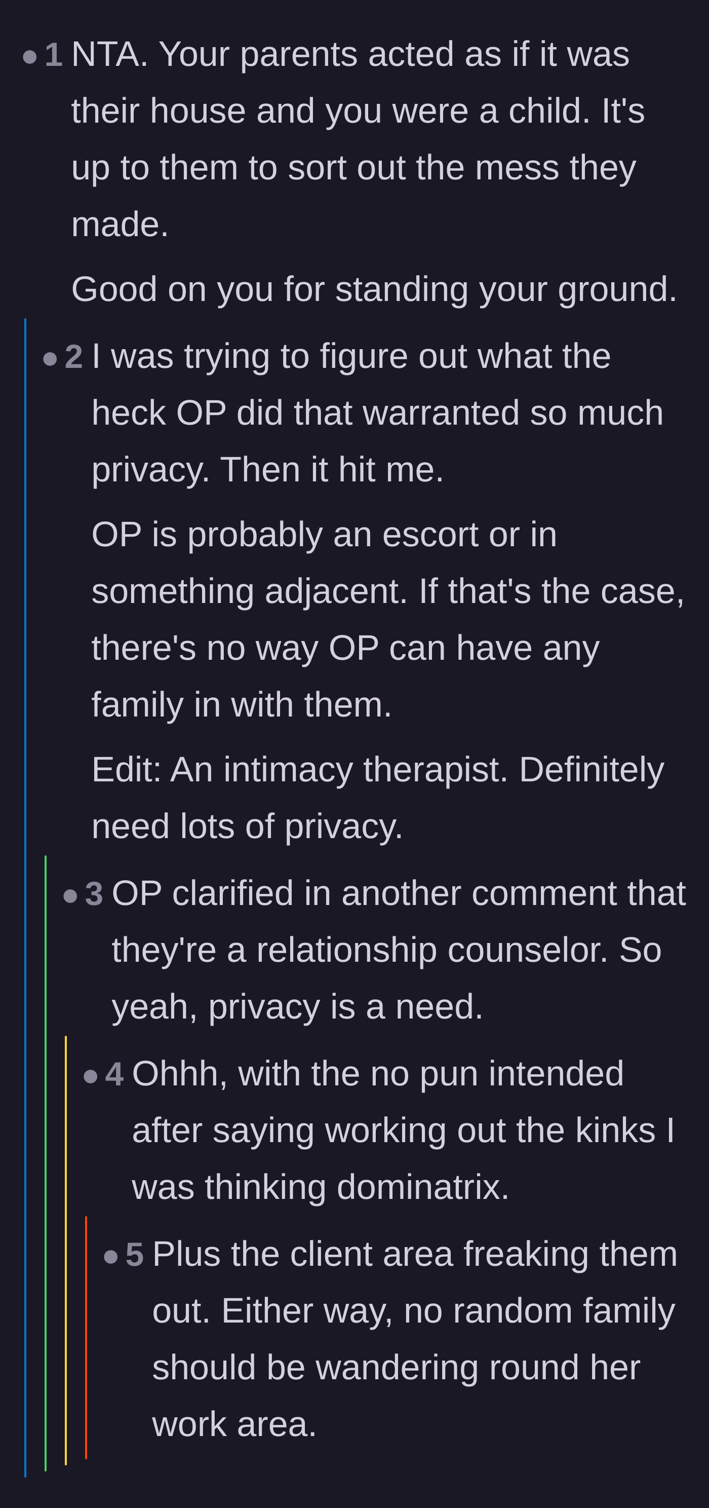 Comment thread 2 - A deep dive into how the parents infantilized the homeowner, followed by a realization of why the private client area was so shocking.