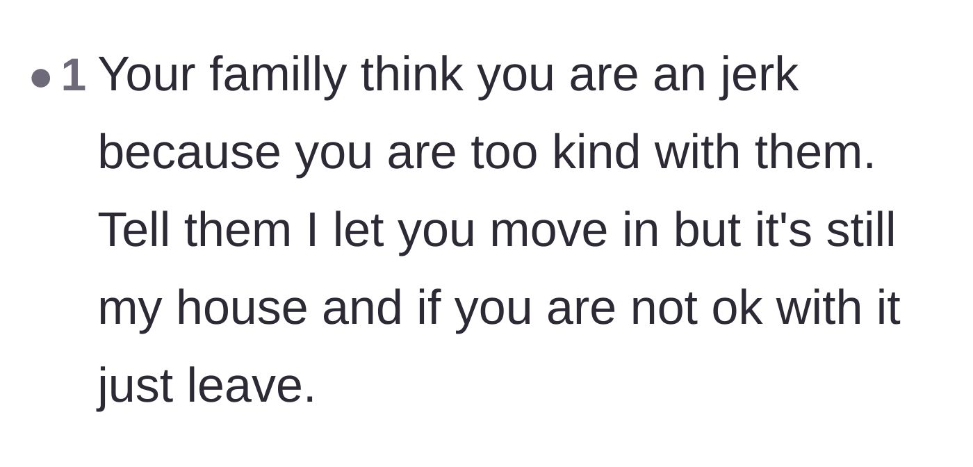 Comment thread 5 - Advice on leveraging the parents' current free housing as an ultimatum against their ungrateful complaints.