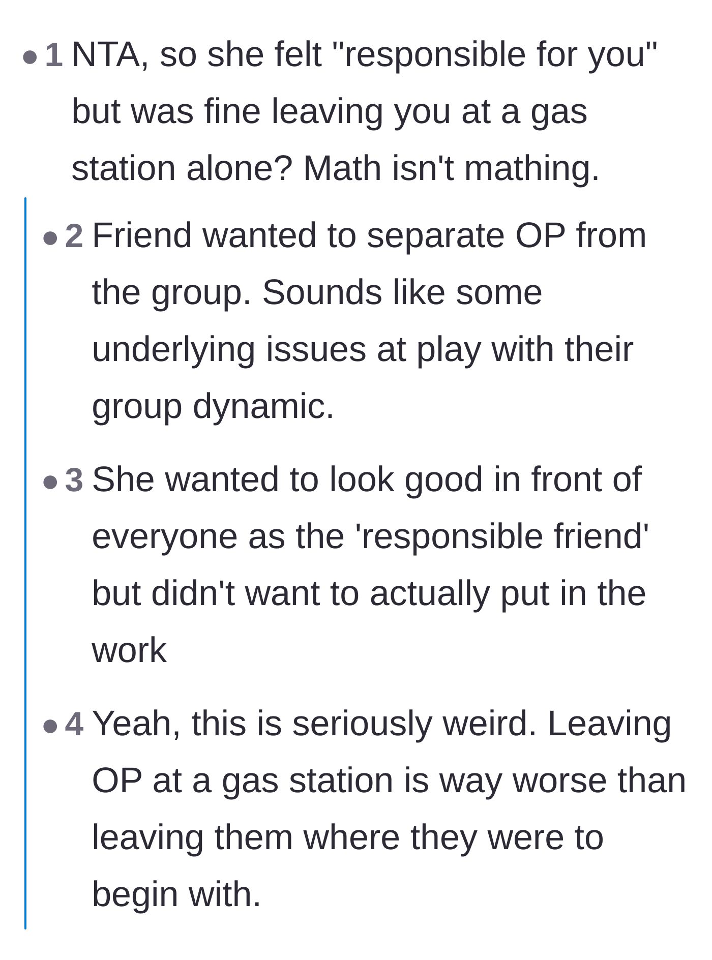 Comment thread 1 - Discussing the contradiction between the driver claiming responsibility and abandoning the author at a gas station.
