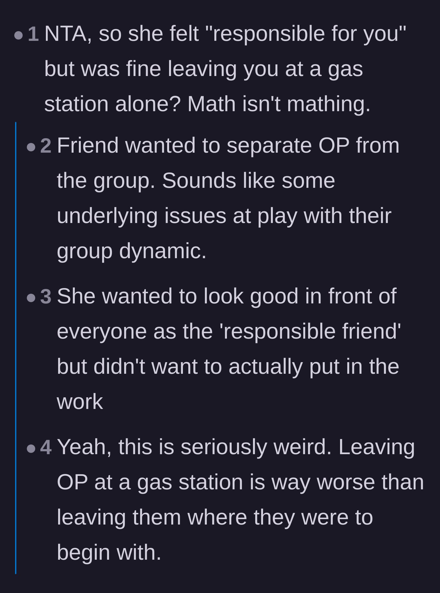 Comment thread 1 - Discussing the contradiction between the driver claiming responsibility and abandoning the author at a gas station.