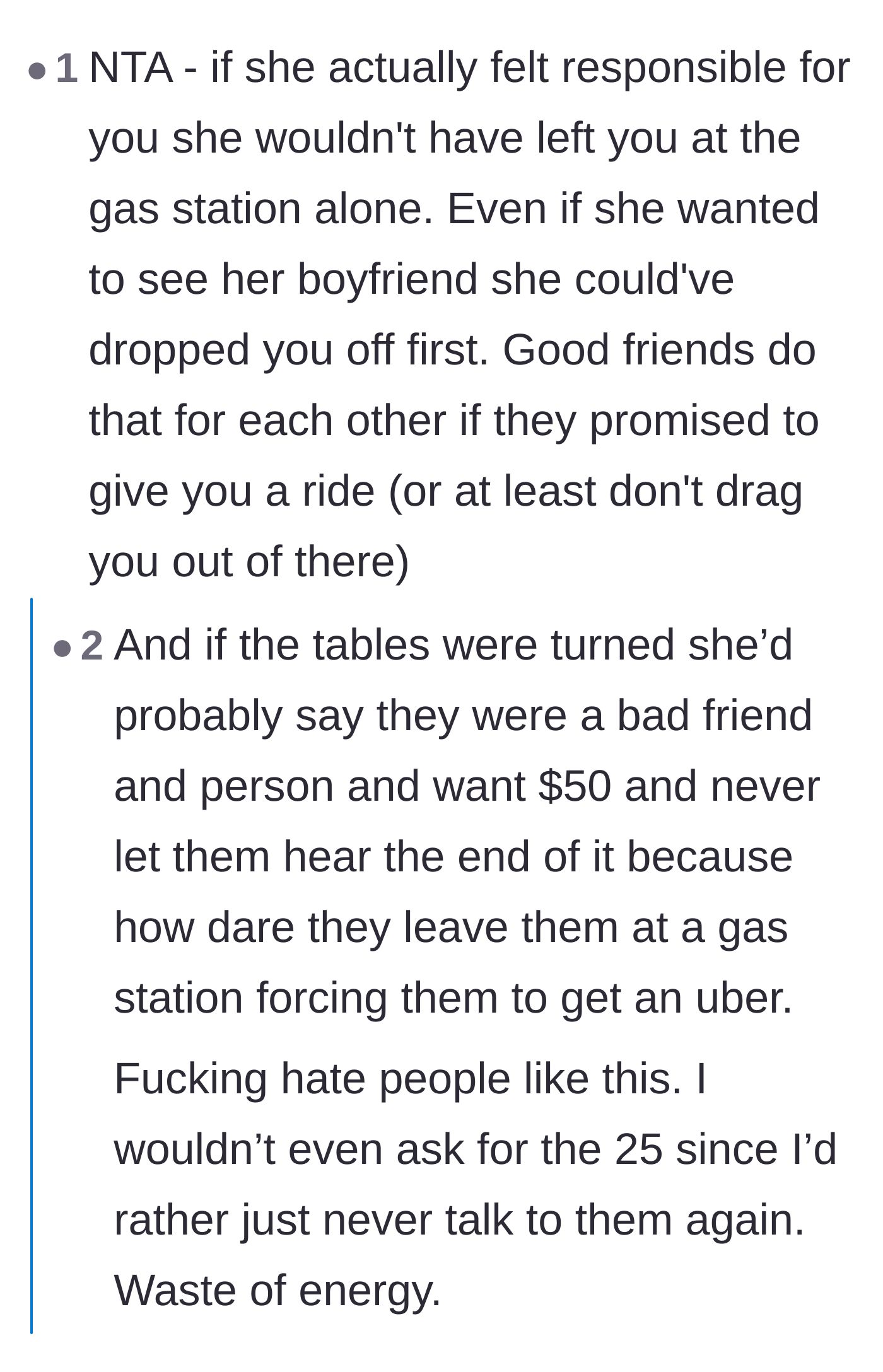 Comment thread 2 - Highlighting how a true friend would behave and the projected hypocrisy of the driver.