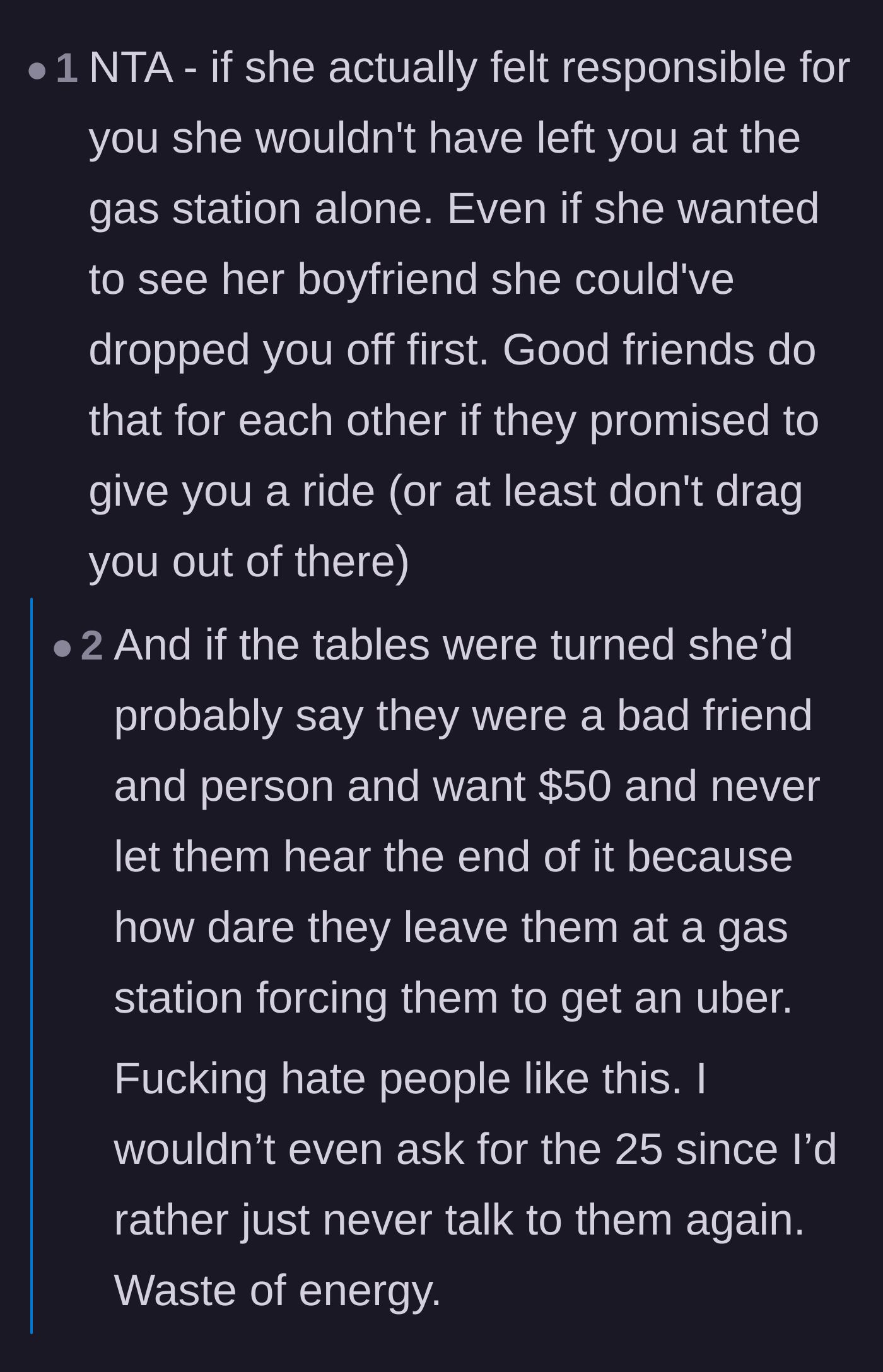 Comment thread 2 - Highlighting how a true friend would behave and the projected hypocrisy of the driver.
