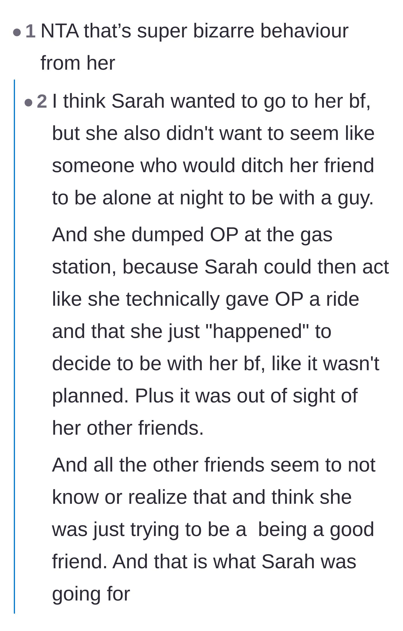 Comment thread 3 - Analyzing the driver's calculated tactic to save face with the broader friend group while still seeing her boyfriend.