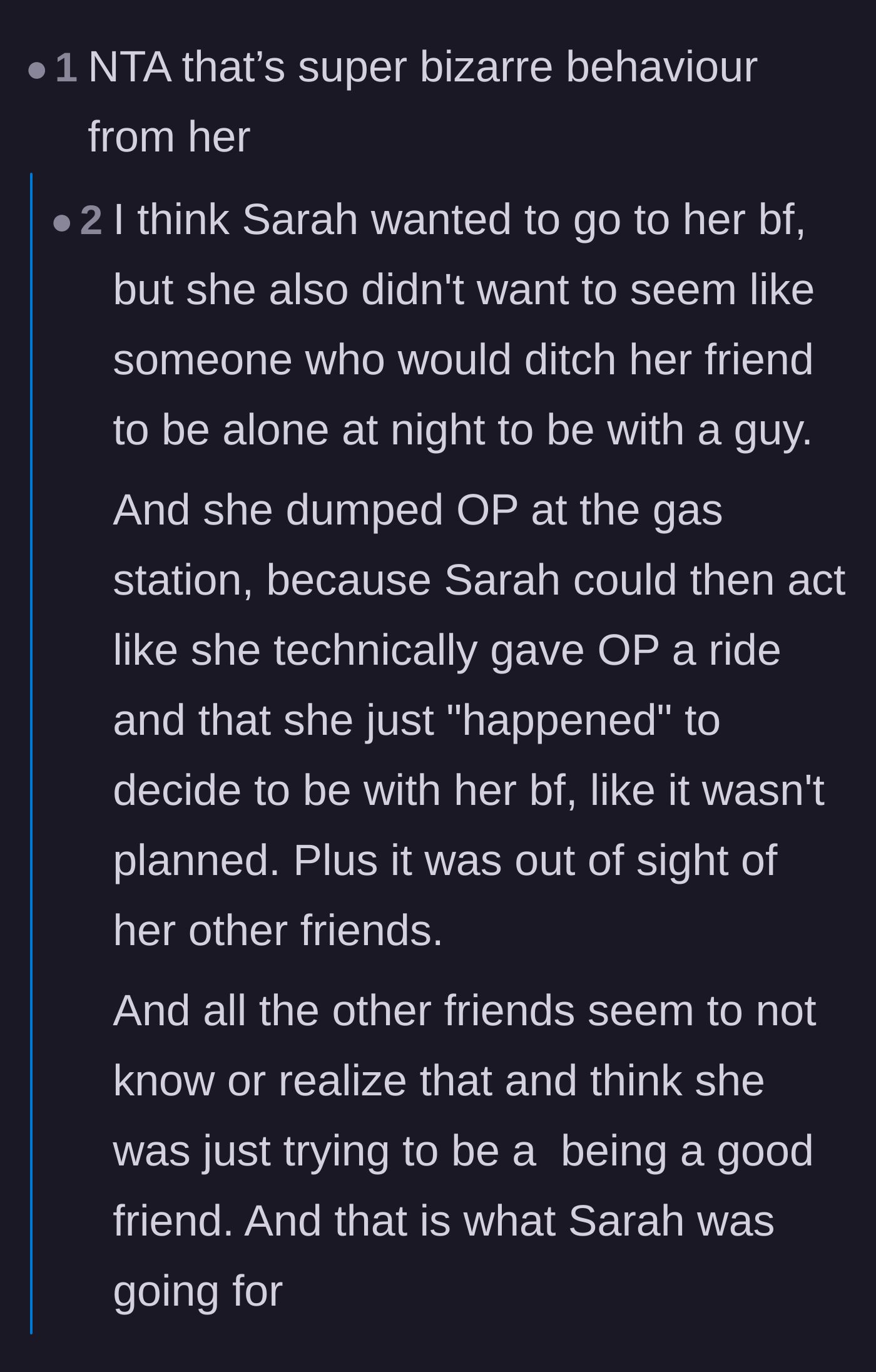 Comment thread 3 - Analyzing the driver's calculated tactic to save face with the broader friend group while still seeing her boyfriend.
