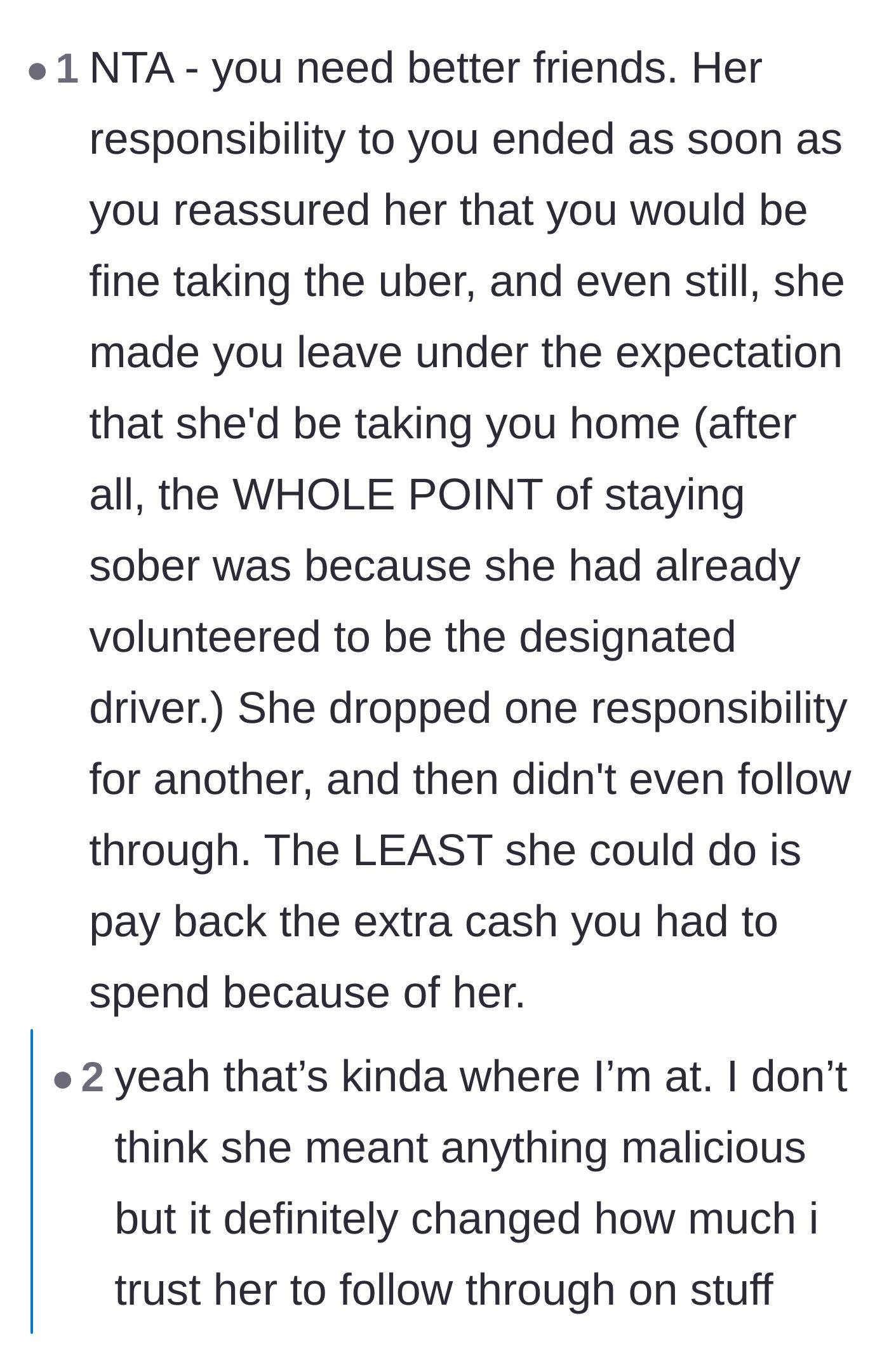Comment thread 4 - Debating the broken agreement of a designated driver and the resulting loss of trust.