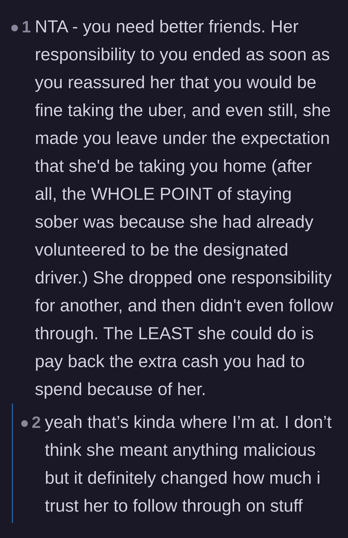 Comment thread 4 - Debating the broken agreement of a designated driver and the resulting loss of trust.