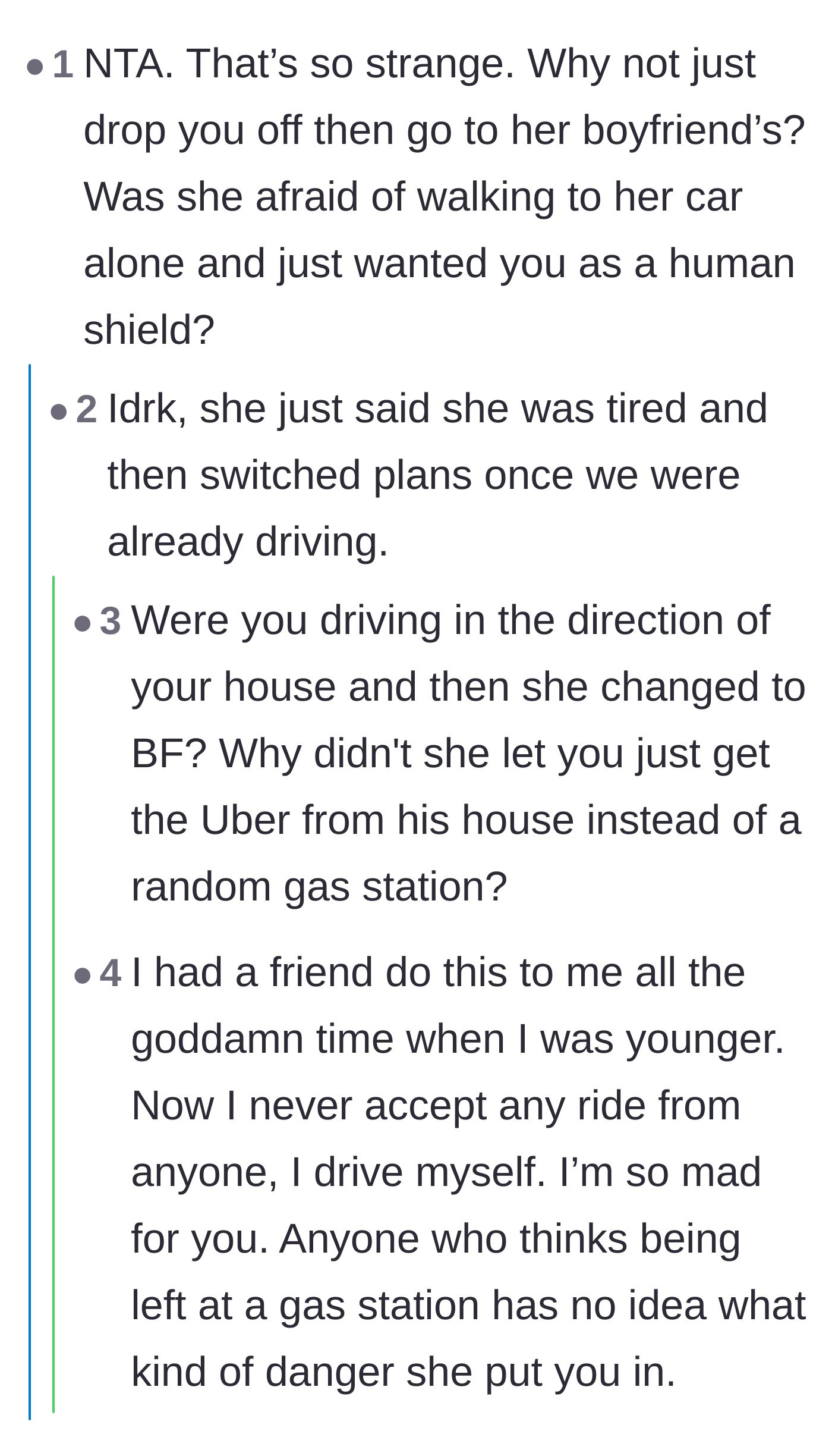 Comment thread 6 - Questioning if the author was merely used as a human shield and emphasizing the danger of the gas station drop-off.