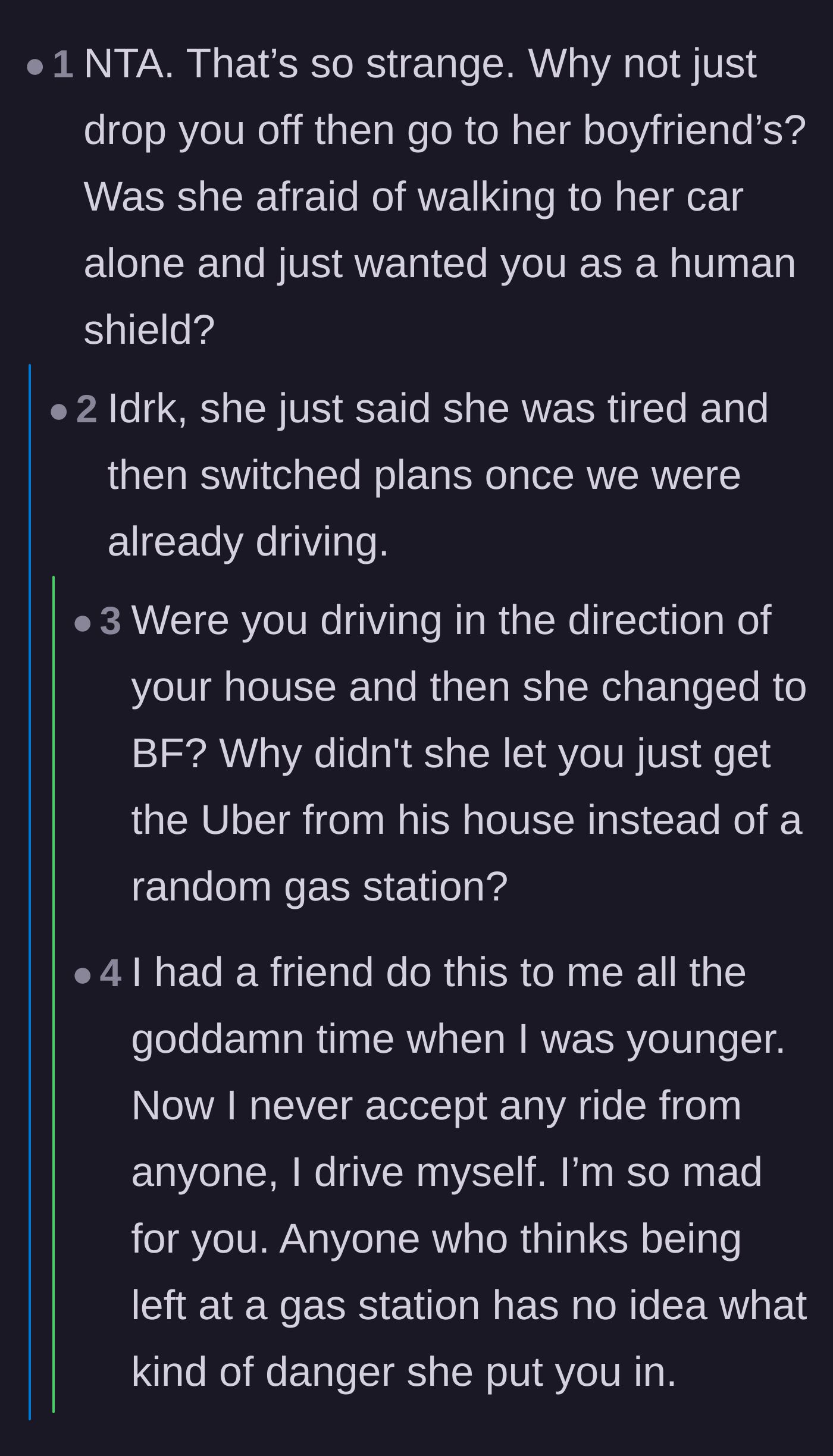 Comment thread 6 - Questioning if the author was merely used as a human shield and emphasizing the danger of the gas station drop-off.