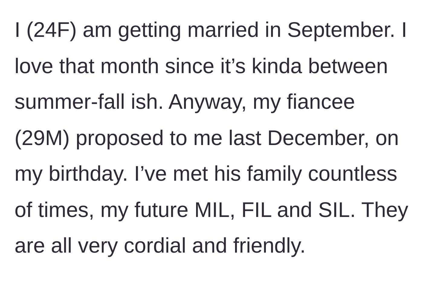 Story part 1 - A bride setting the scene of her upcoming September wedding and introducing her seemingly nice in-laws.