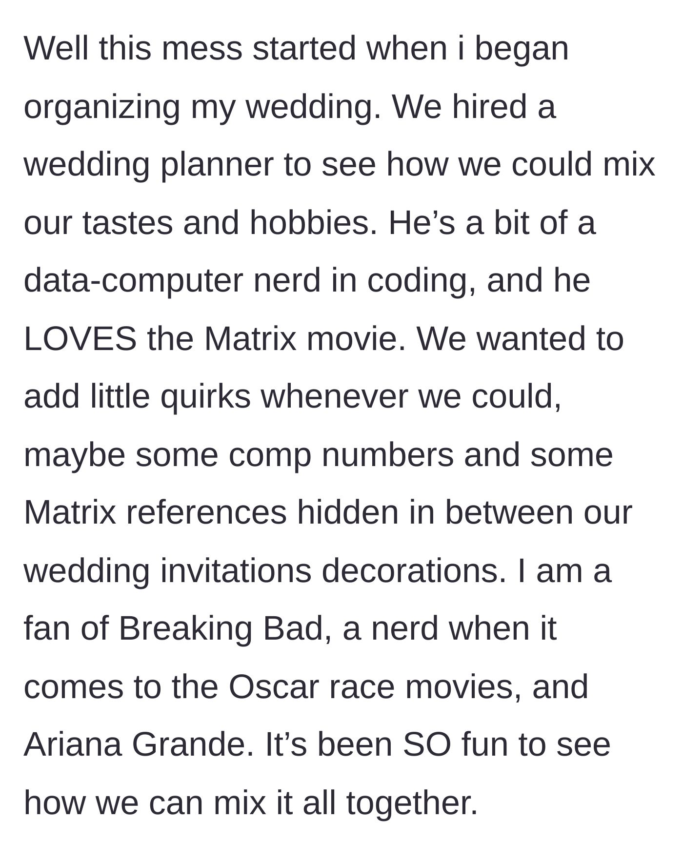 Story part 2 - A bride explaining the fun, pop-culture themes she is hiding in her wedding invitations.
