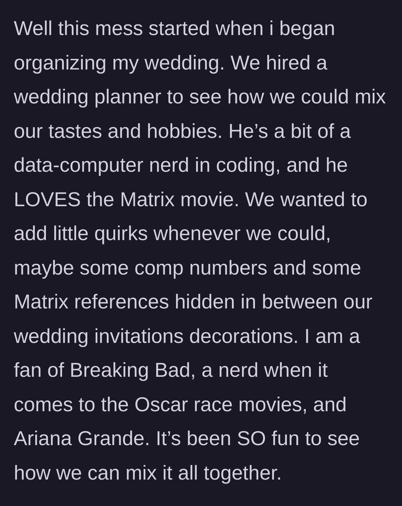 Story part 2 - A bride explaining the fun, pop-culture themes she is hiding in her wedding invitations.