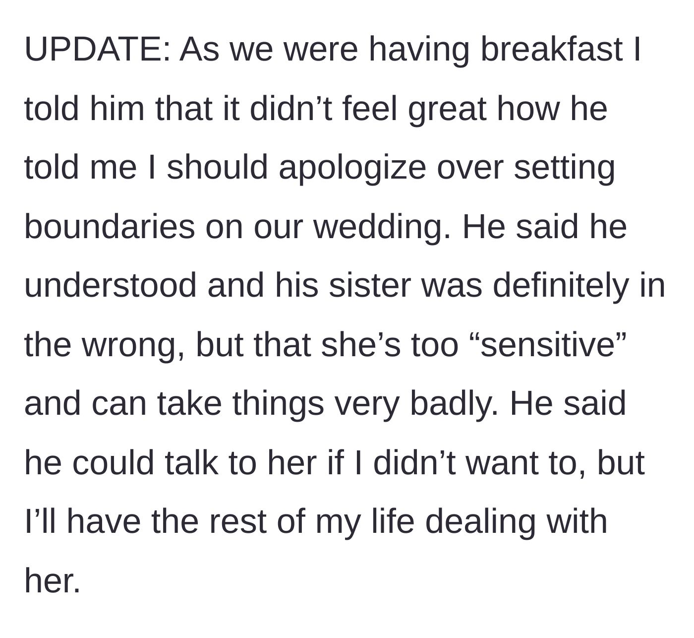 Story part 6 - The bride and groom discussing the conflict at breakfast, where the groom admits his sister was out of line but calls her sensitive.