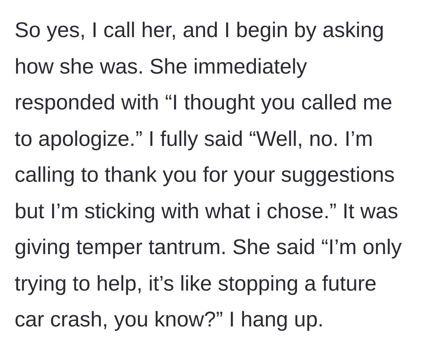 Story part 7 - The bride calling her sister-in-law to set boundaries, resulting in the sister-in-law insulting her wedding again.