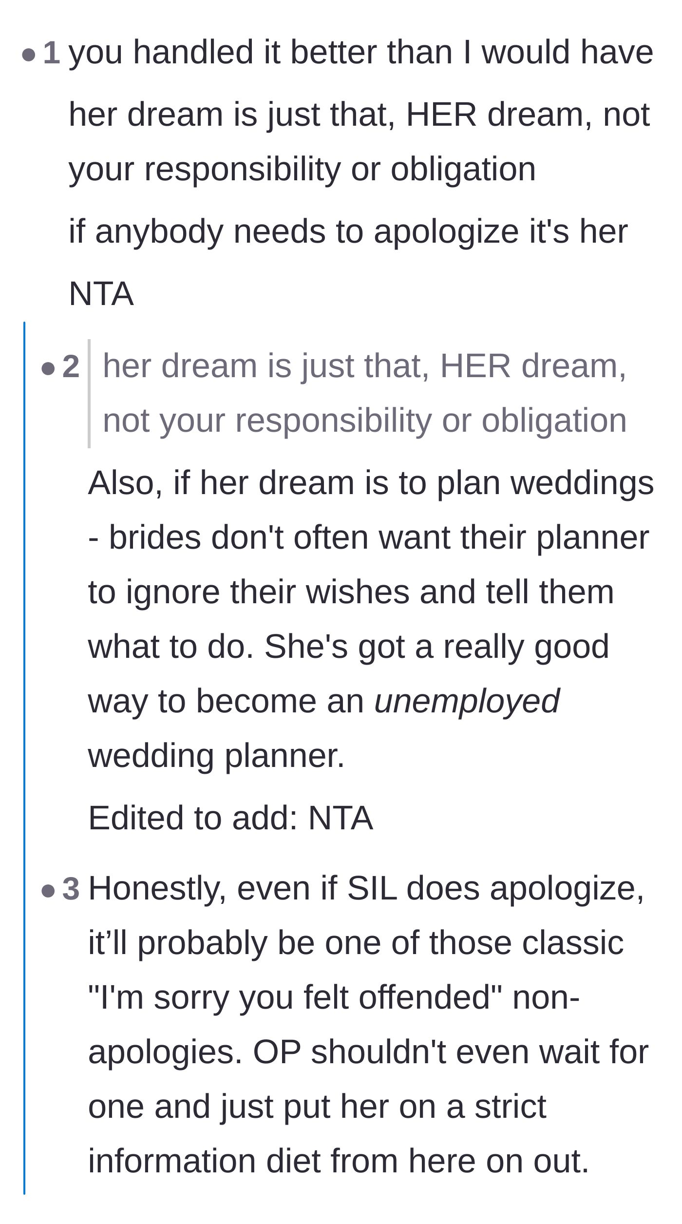 Comment thread discussing why the sister-in-law's wedding planner dreams don't make sense if she ignores the bride.