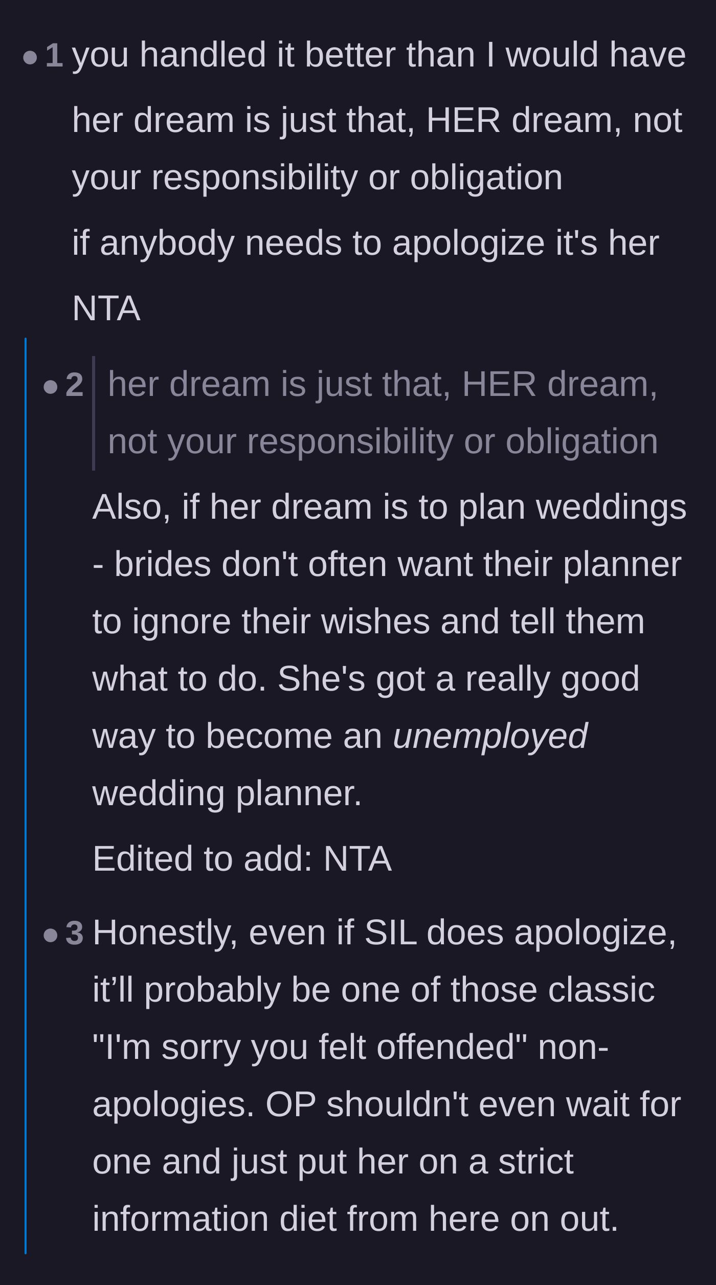 Comment thread discussing why the sister-in-law's wedding planner dreams don't make sense if she ignores the bride.