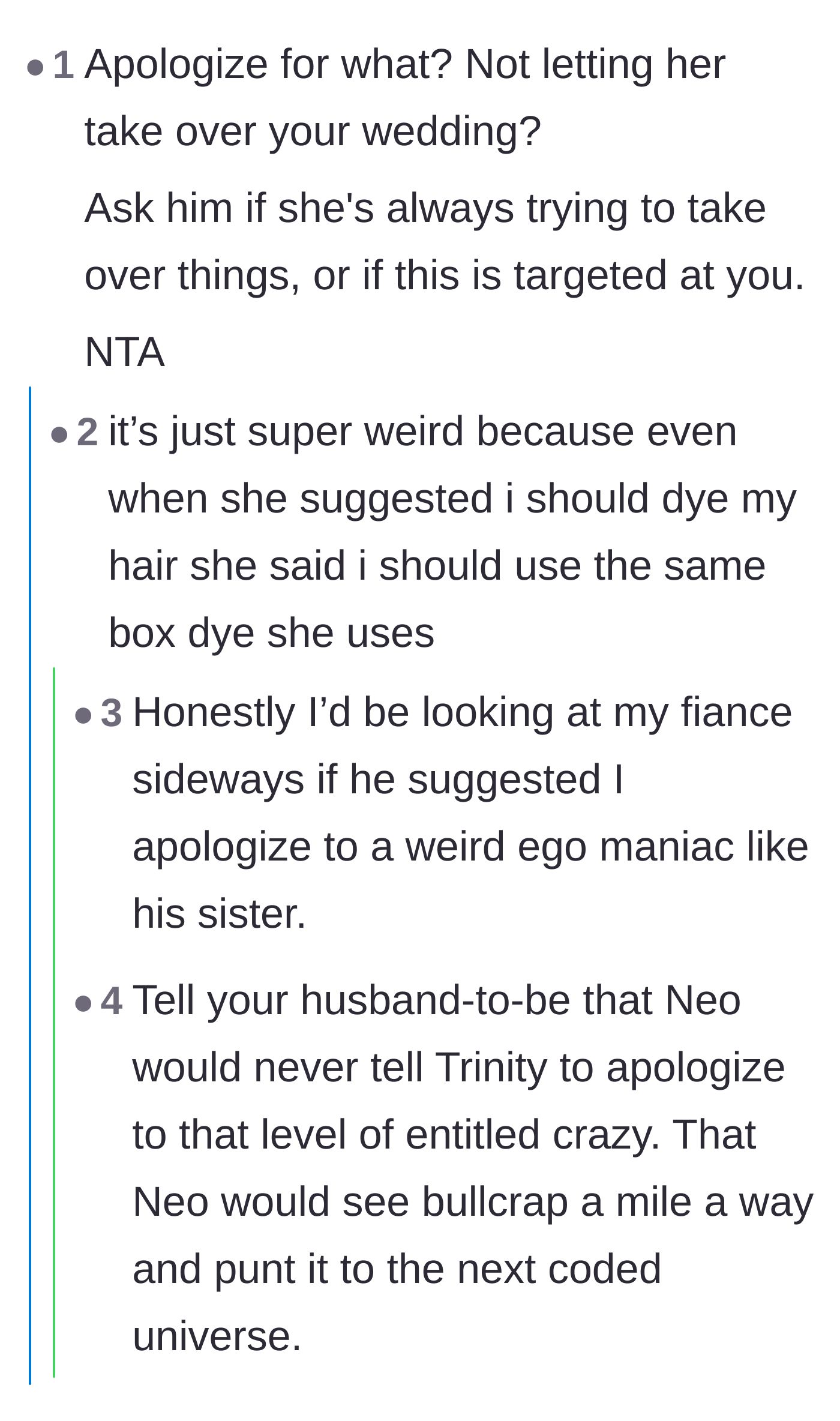 Comment thread where the bride reveals her sister-in-law wanted her to use her exact box hair dye.