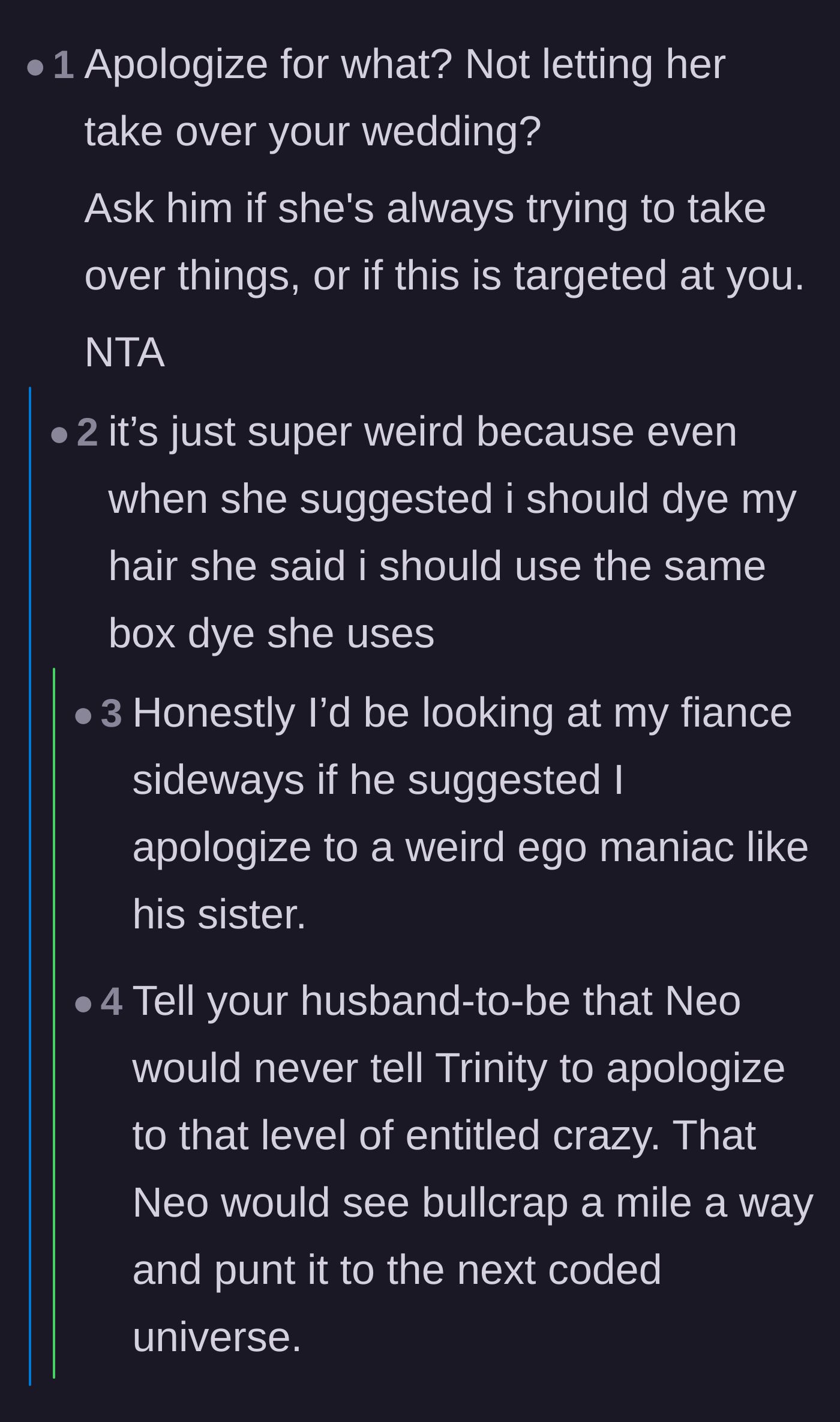 Comment thread where the bride reveals her sister-in-law wanted her to use her exact box hair dye.