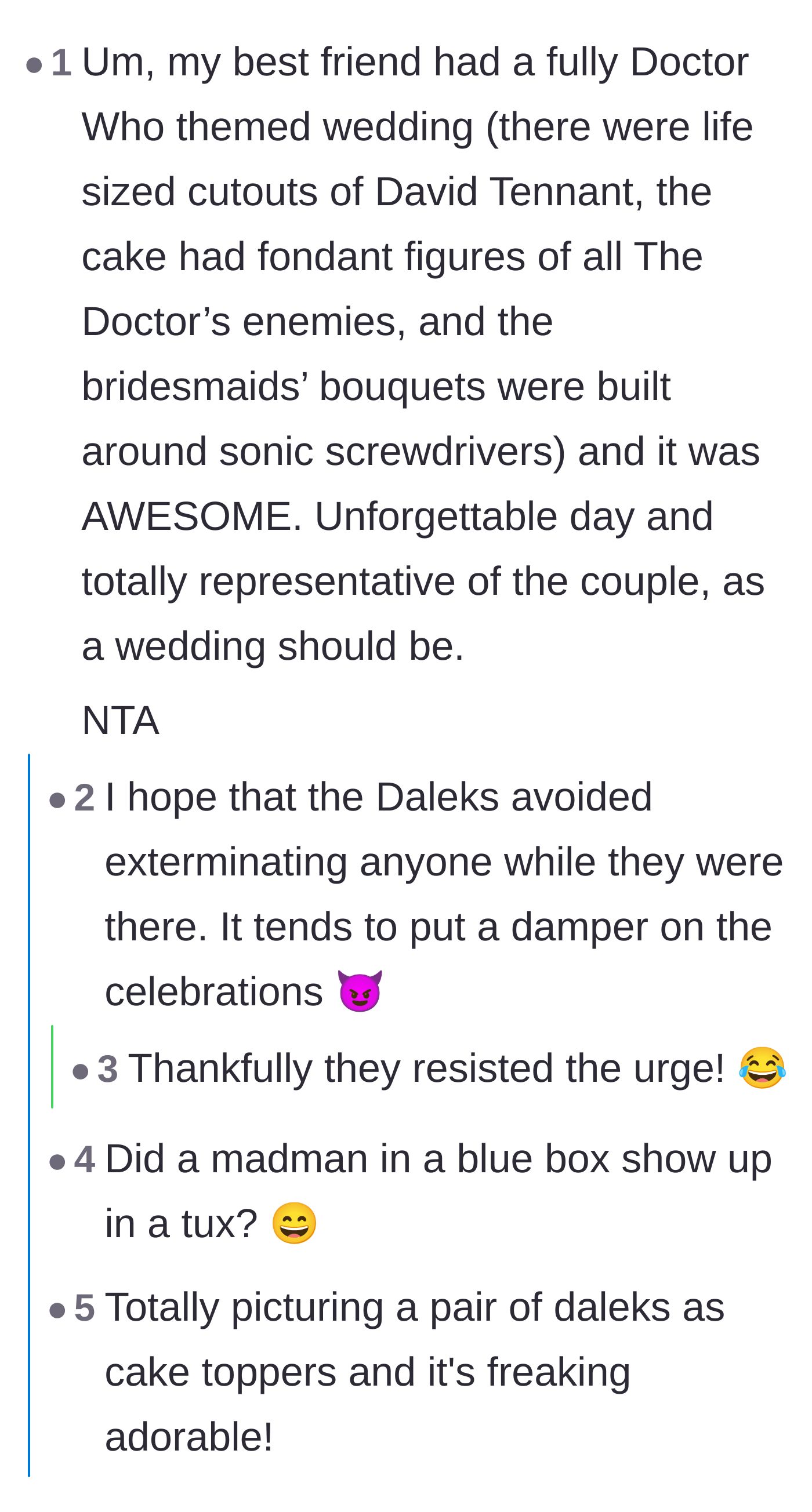 Comment thread sharing a success story of a heavily themed Doctor Who wedding to support the bride's nerd theme.
