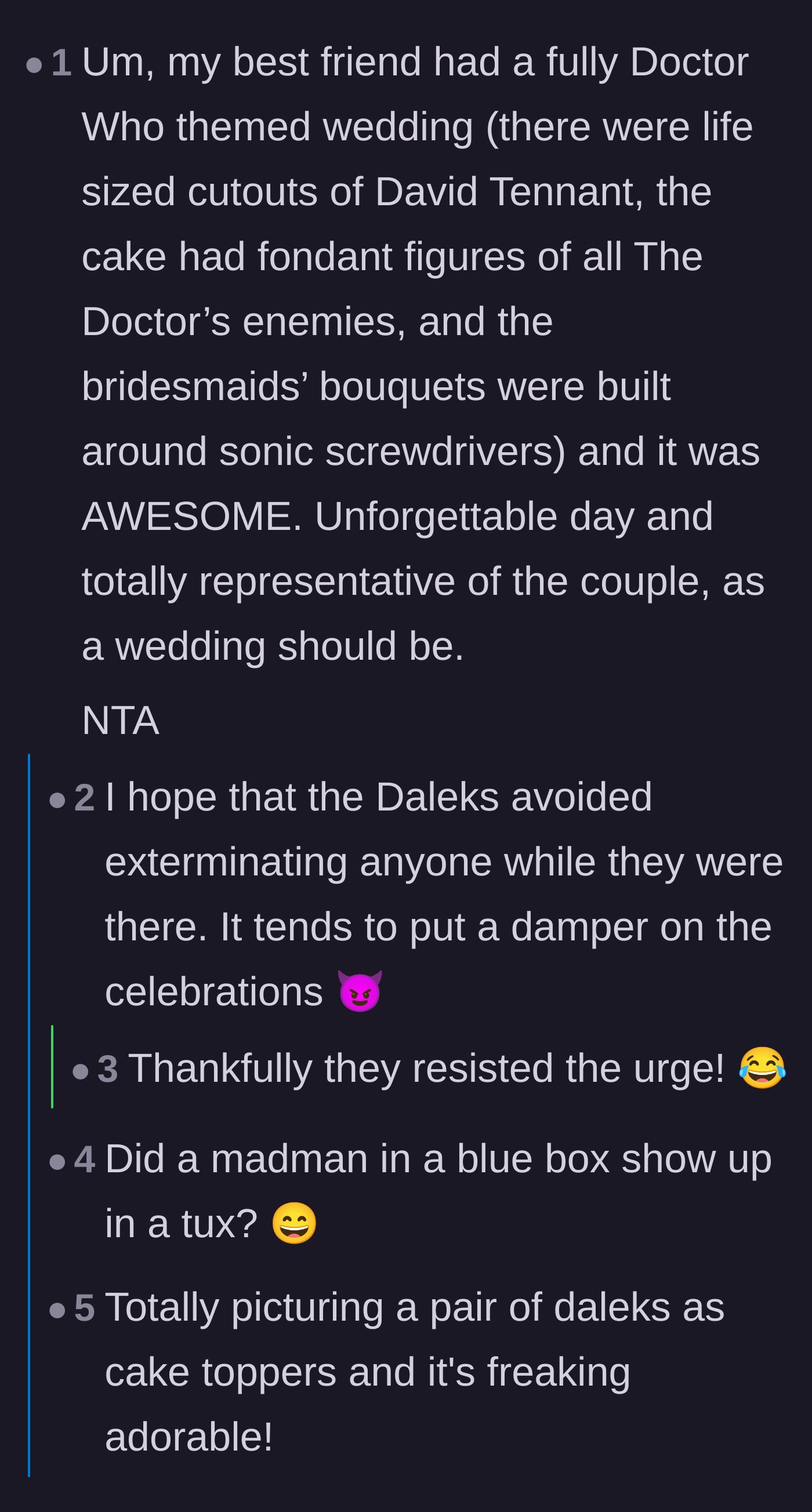 Comment thread sharing a success story of a heavily themed Doctor Who wedding to support the bride's nerd theme.
