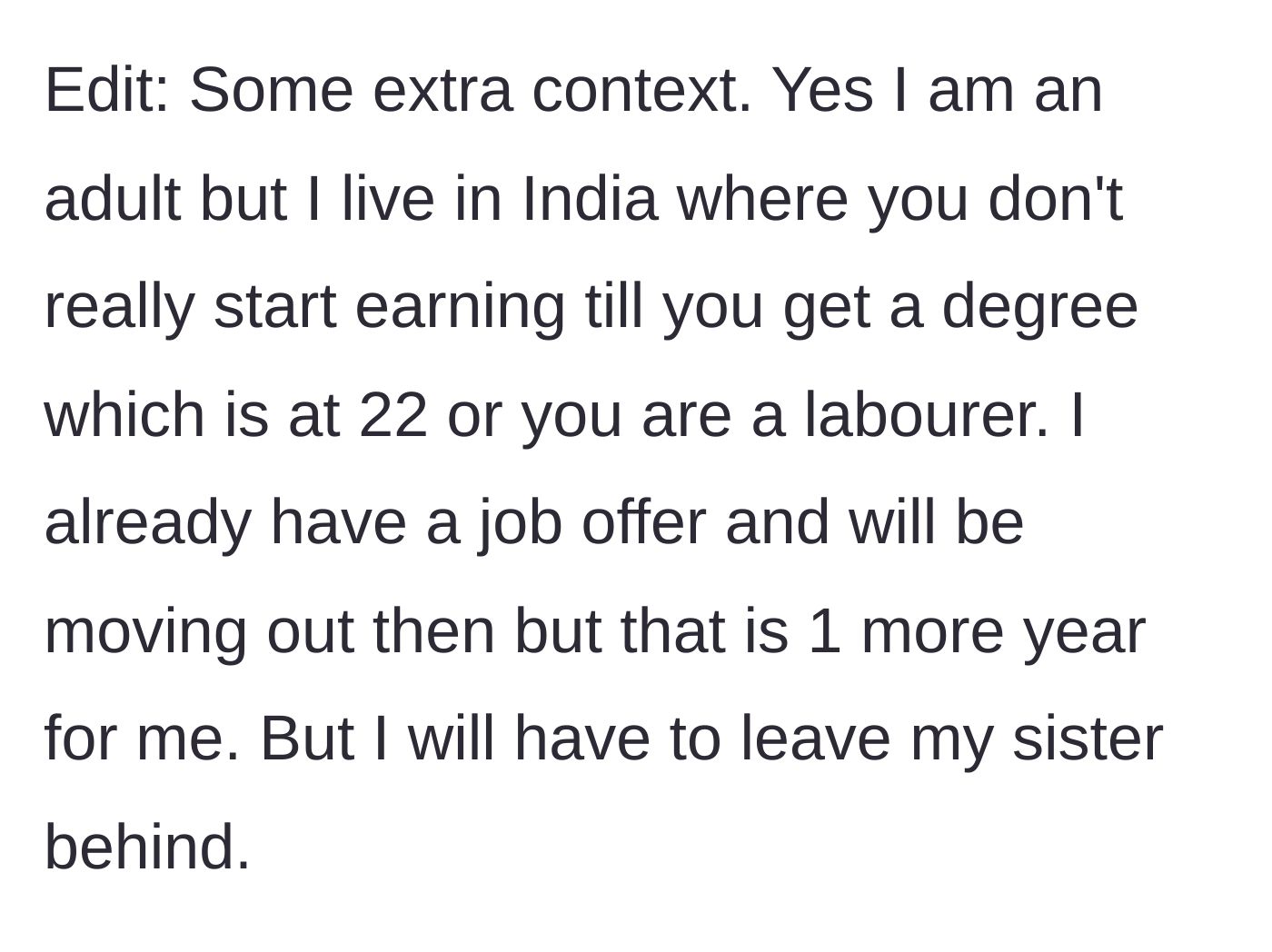 Story part 5 - Context about living in India and needing a degree to move out, with the daughter looking sad about leaving her younger sister.