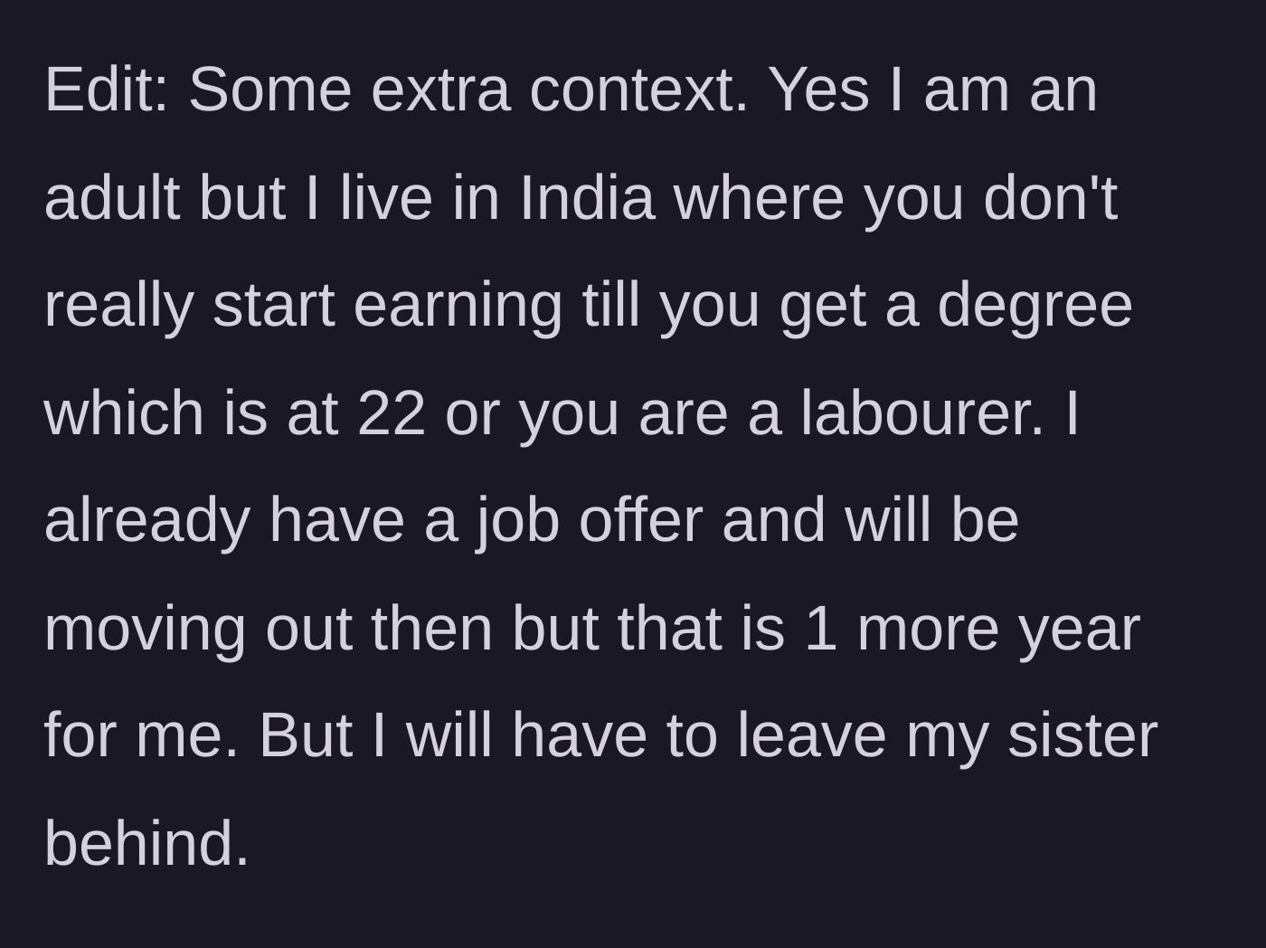 Story part 5 - Context about living in India and needing a degree to move out, with the daughter looking sad about leaving her younger sister.