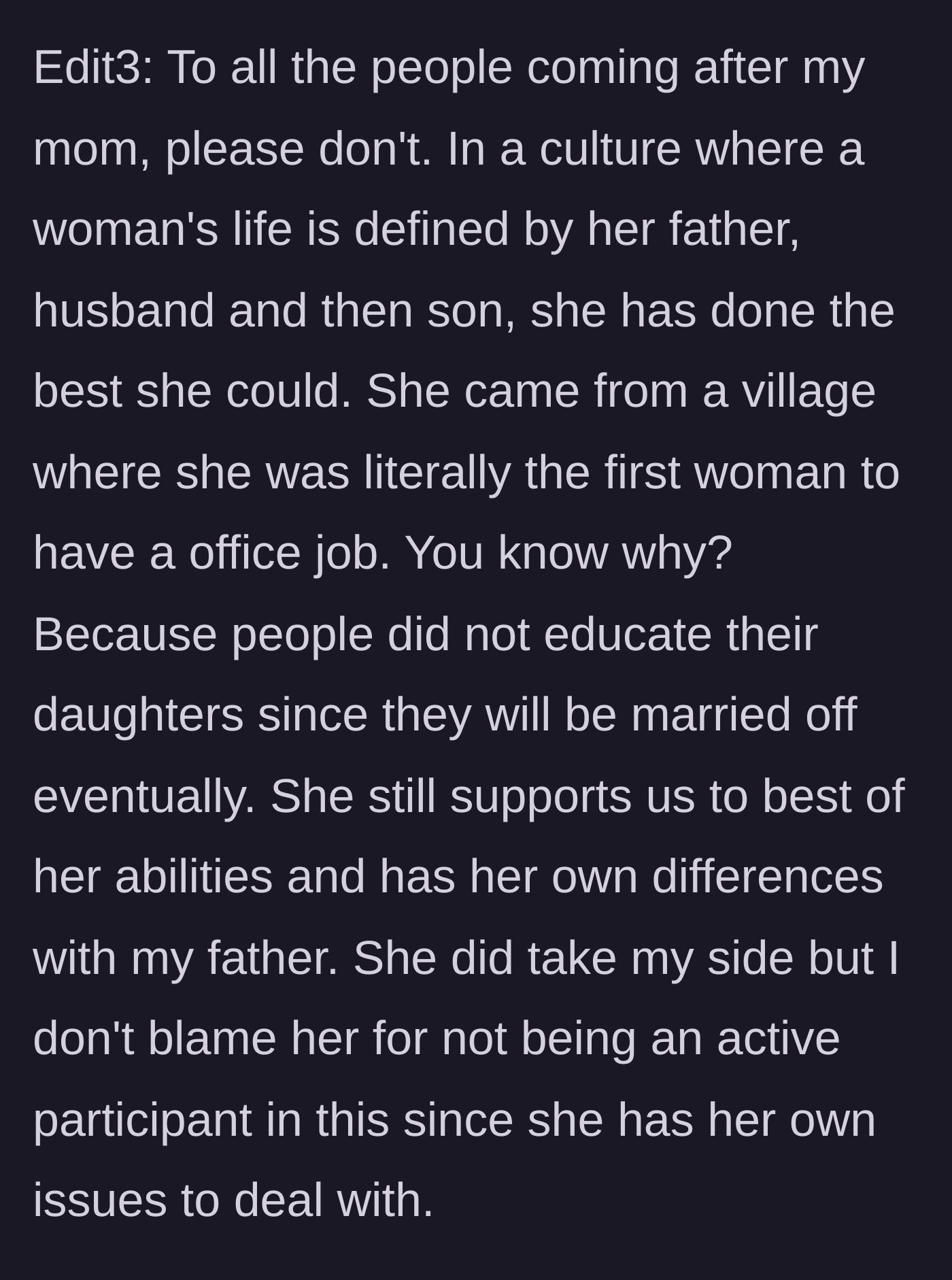 Story part 7 - The daughter defending her hardworking mother, a cultural trailblazer who secretly supports her but has her own battles to fight.