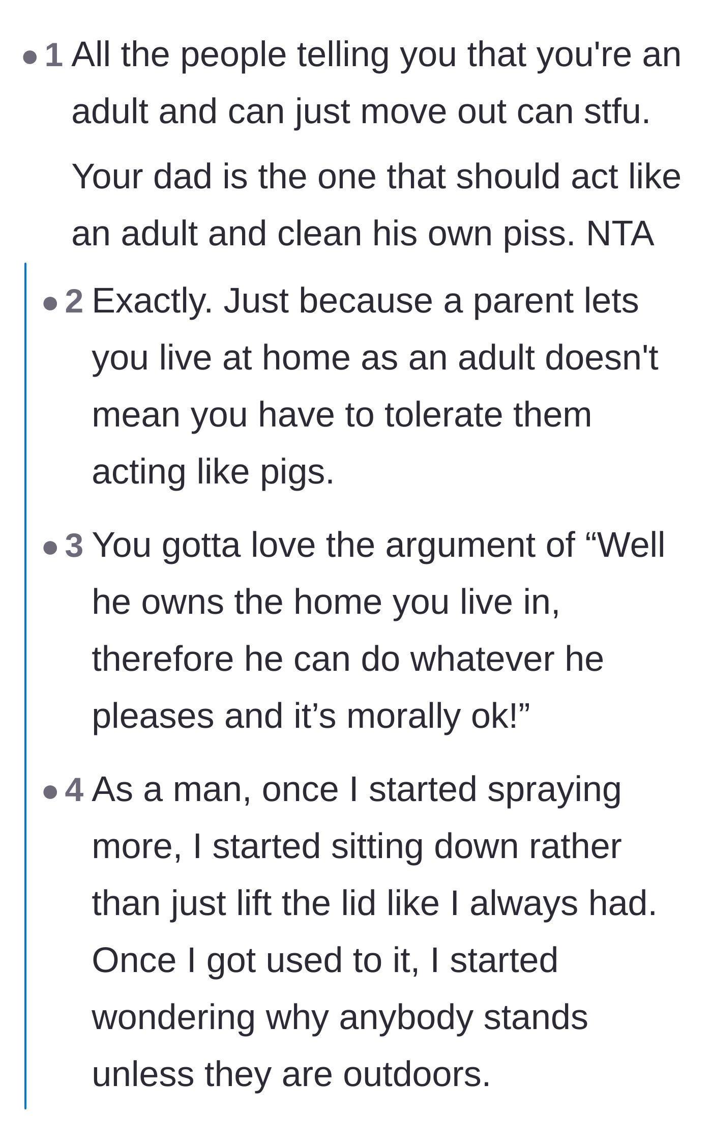 Comment thread 2 - Defending the daughter from critics telling her to move out and calling out the father's immaturity