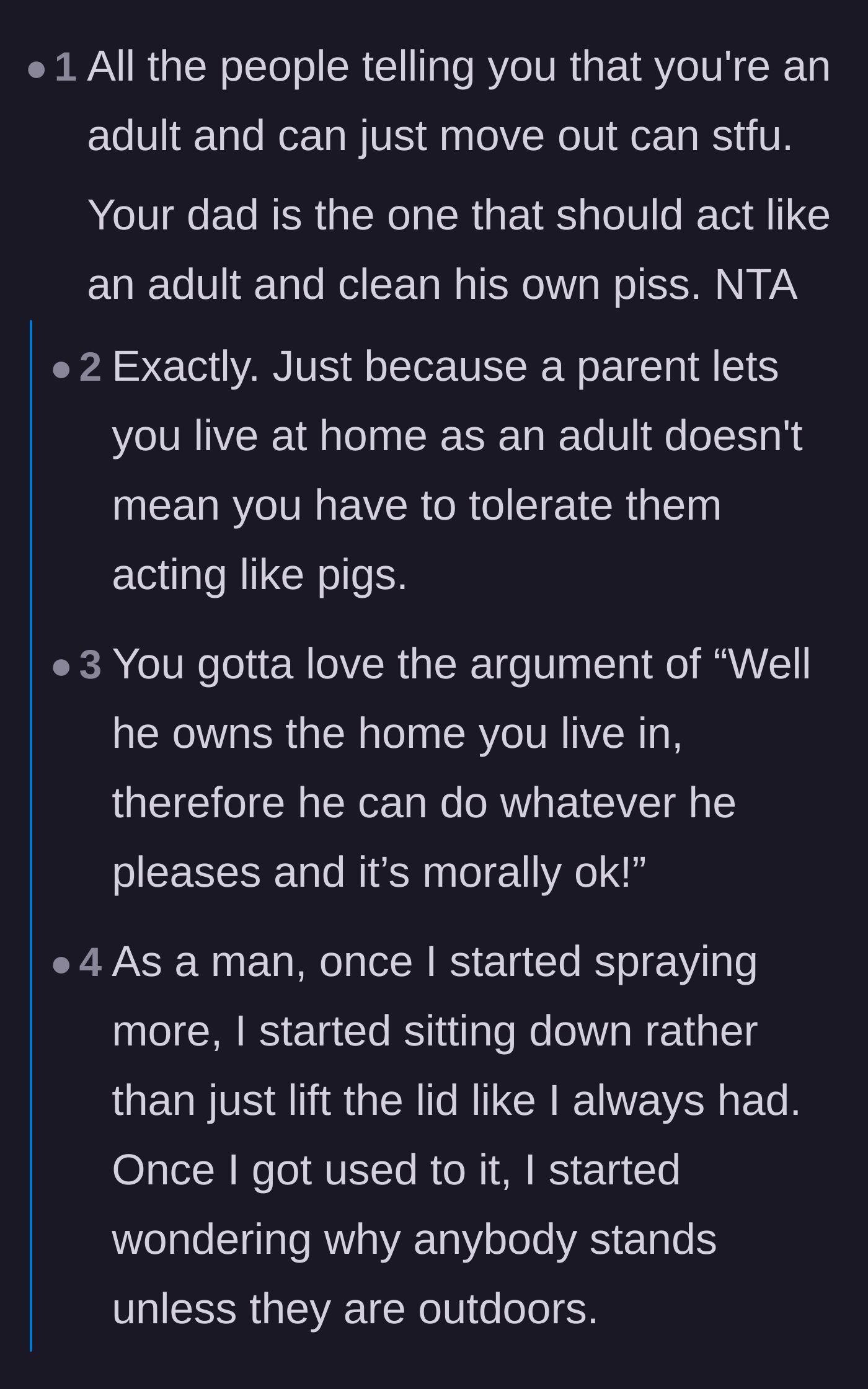 Comment thread 2 - Defending the daughter from critics telling her to move out and calling out the father's immaturity