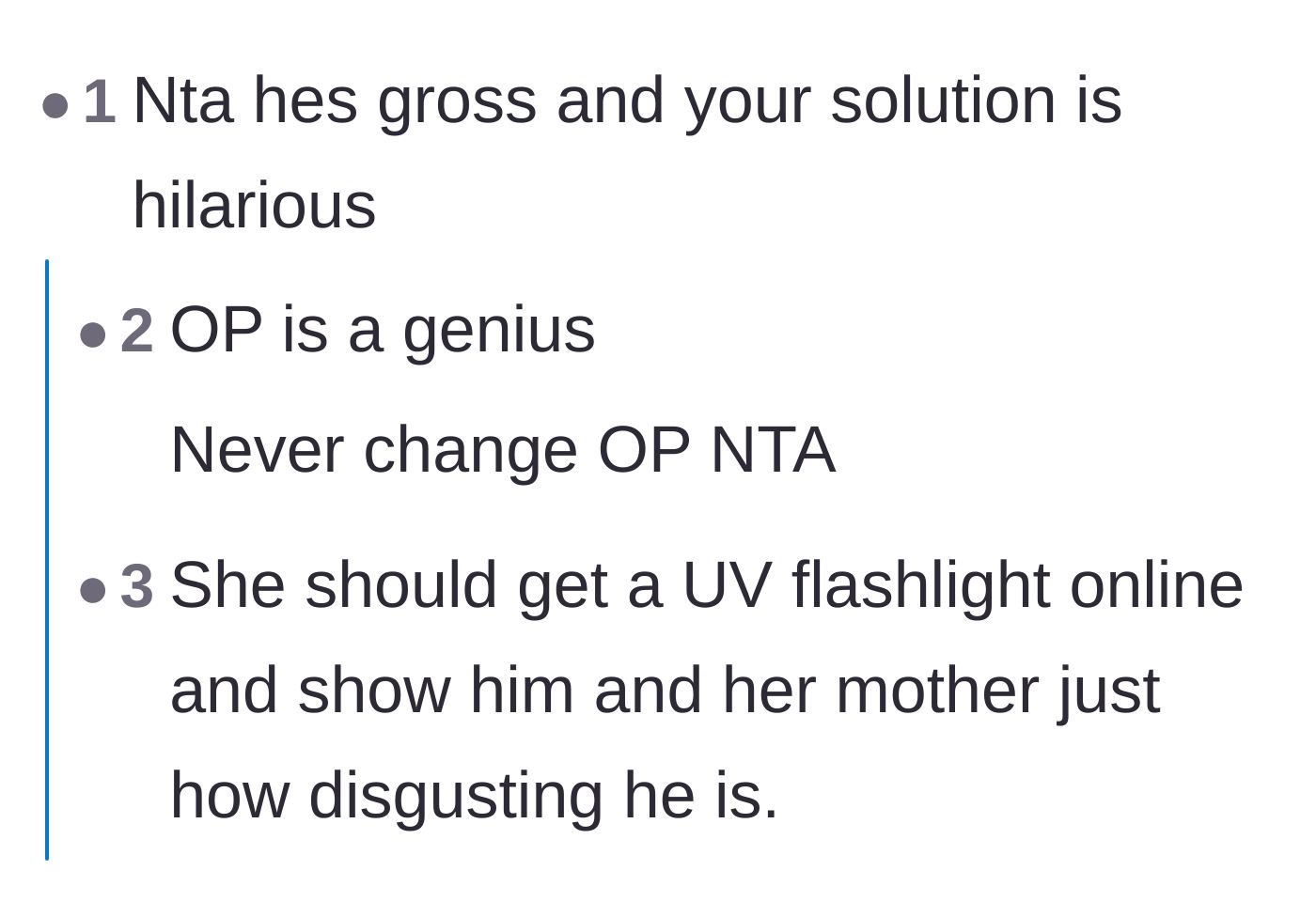 Comment thread 3 - Praising the daughter's petty but genius revenge and suggesting the use of a UV blacklight