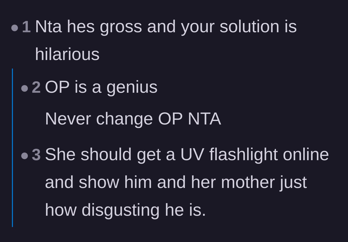 Comment thread 3 - Praising the daughter's petty but genius revenge and suggesting the use of a UV blacklight