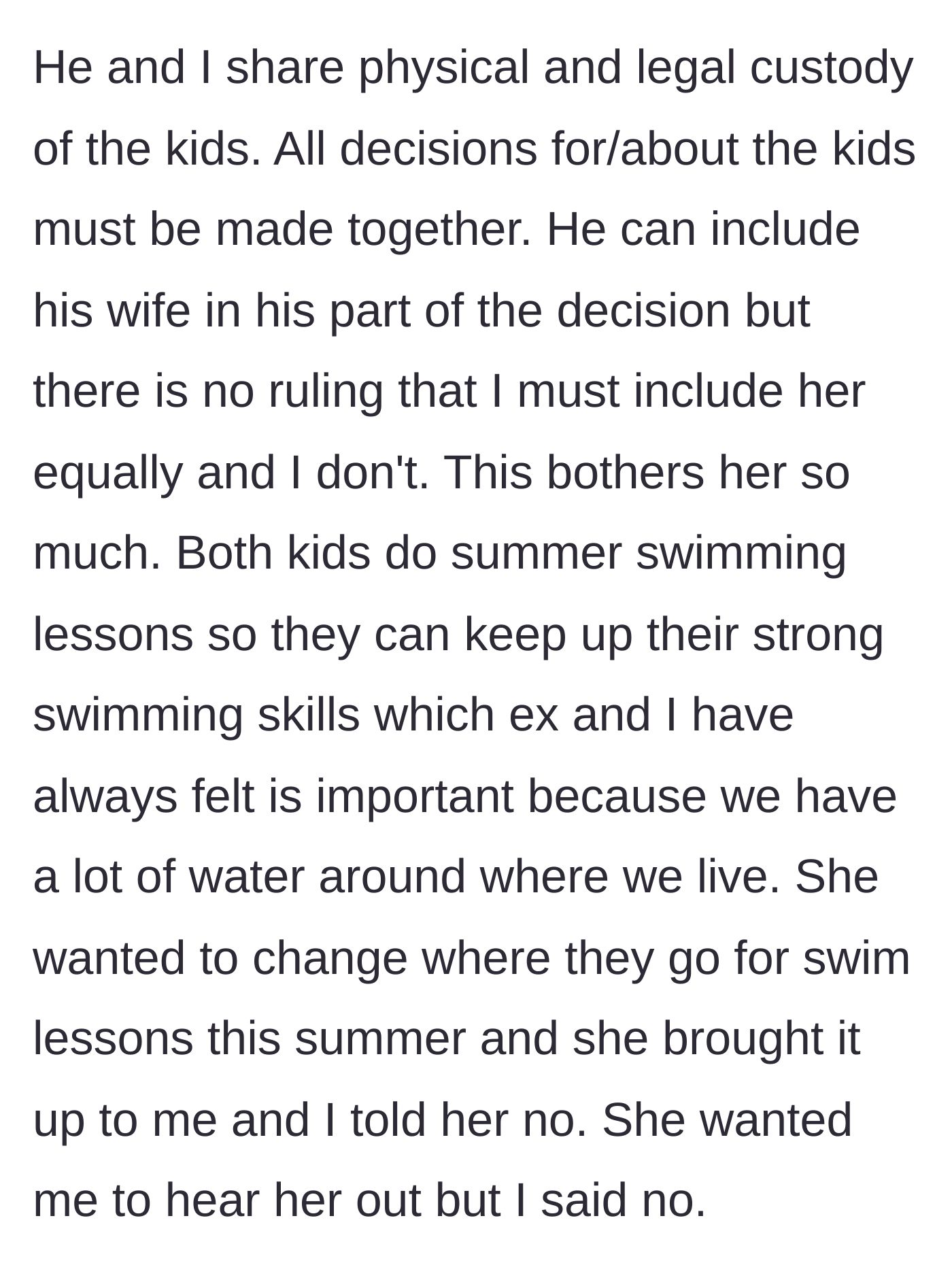 Story part 3 - The new wife tries to insert herself into parenting decisions by demanding a change to the kids' summer swim lessons, which the mother firmly refuses.