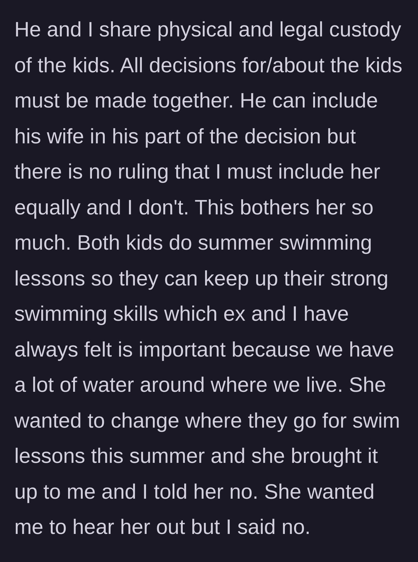 Story part 3 - The new wife tries to insert herself into parenting decisions by demanding a change to the kids' summer swim lessons, which the mother firmly refuses.