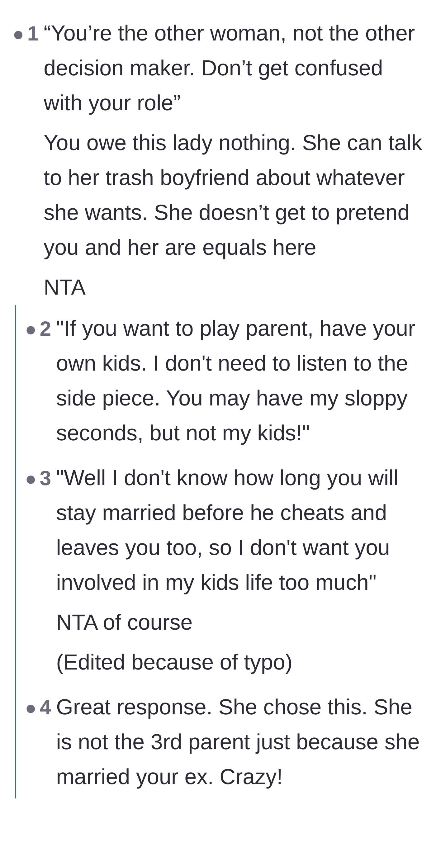 Comment thread 1 - Readers brutally reminding the affair partner of her actual place in the family dynamic.