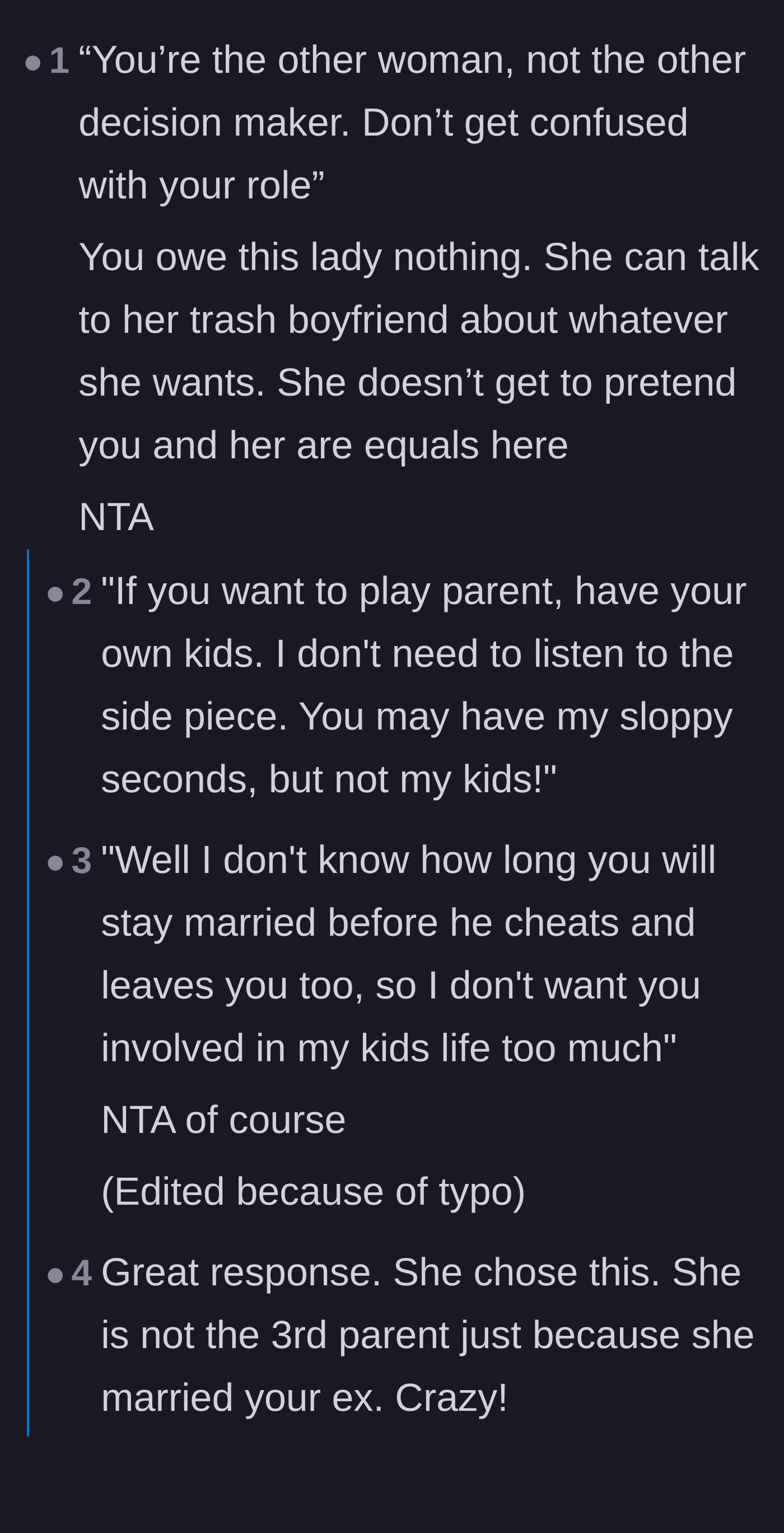 Comment thread 1 - Readers brutally reminding the affair partner of her actual place in the family dynamic.