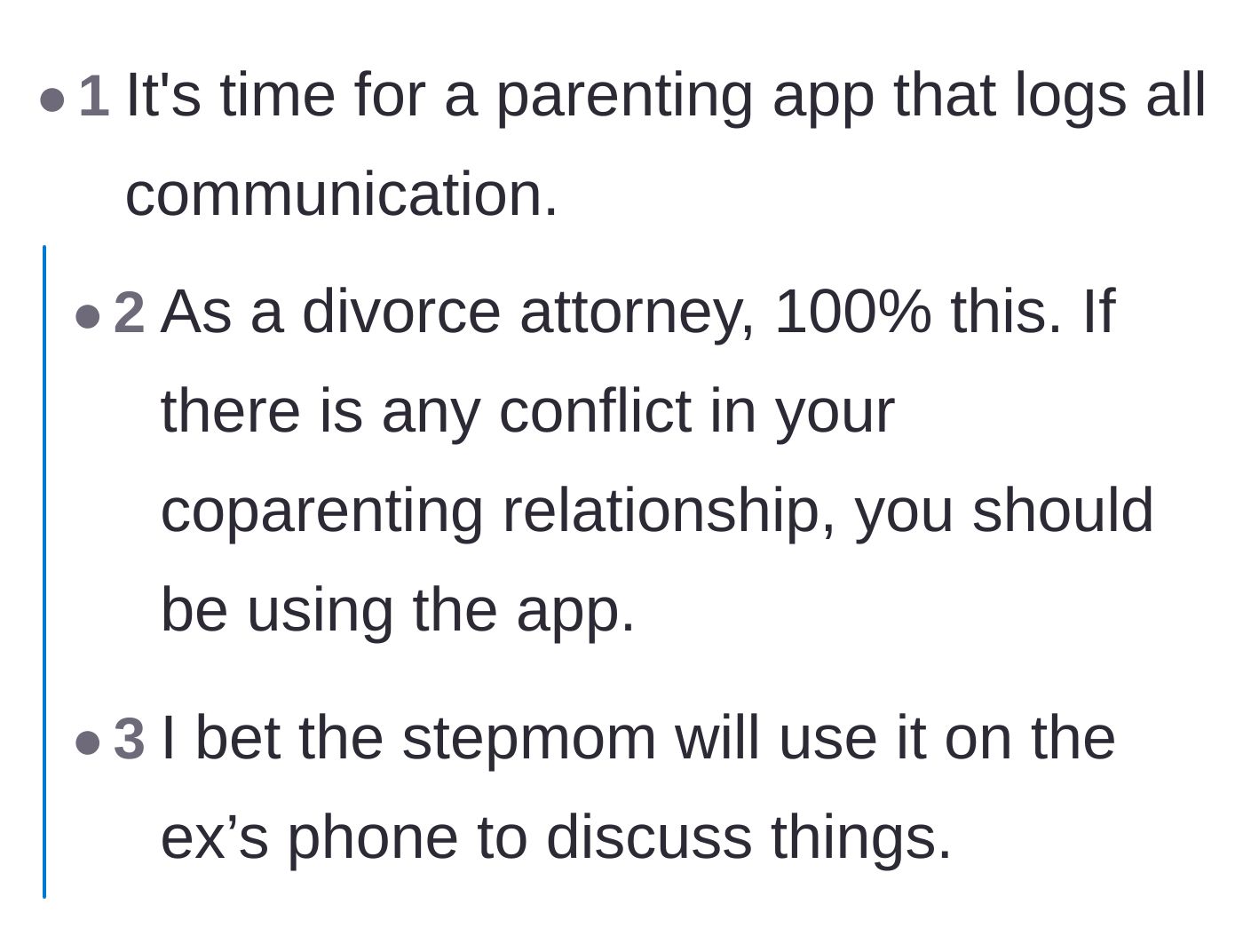 Comment thread 2 - Advice from professionals about using a parenting app to officially log all communication.