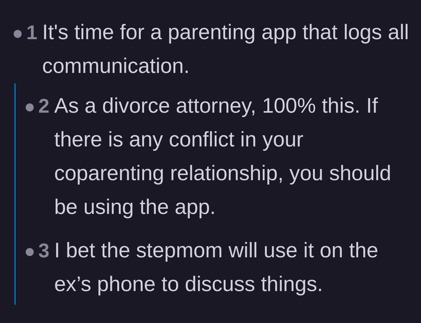 Comment thread 2 - Advice from professionals about using a parenting app to officially log all communication.