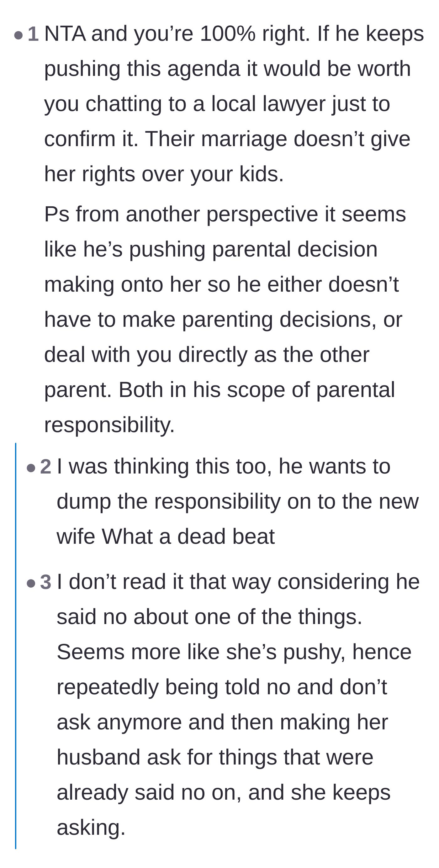 Comment thread 3 - Speculation that the ex-husband is cowardly dumping his parental responsibilities onto his new wife.