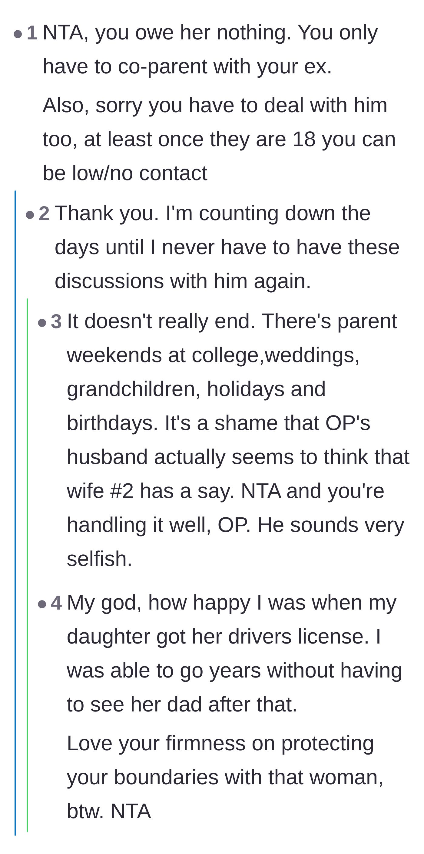 Comment thread 5 - The original poster discussing the painful, exhausting reality of co-parenting even as the children grow up.