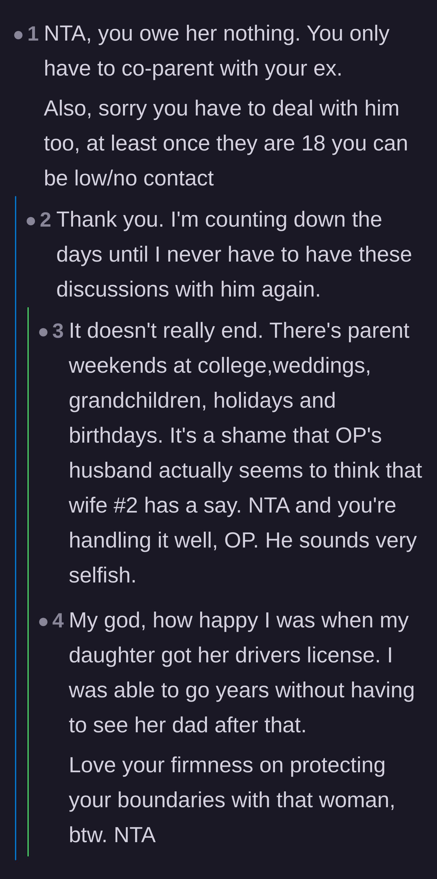 Comment thread 5 - The original poster discussing the painful, exhausting reality of co-parenting even as the children grow up.