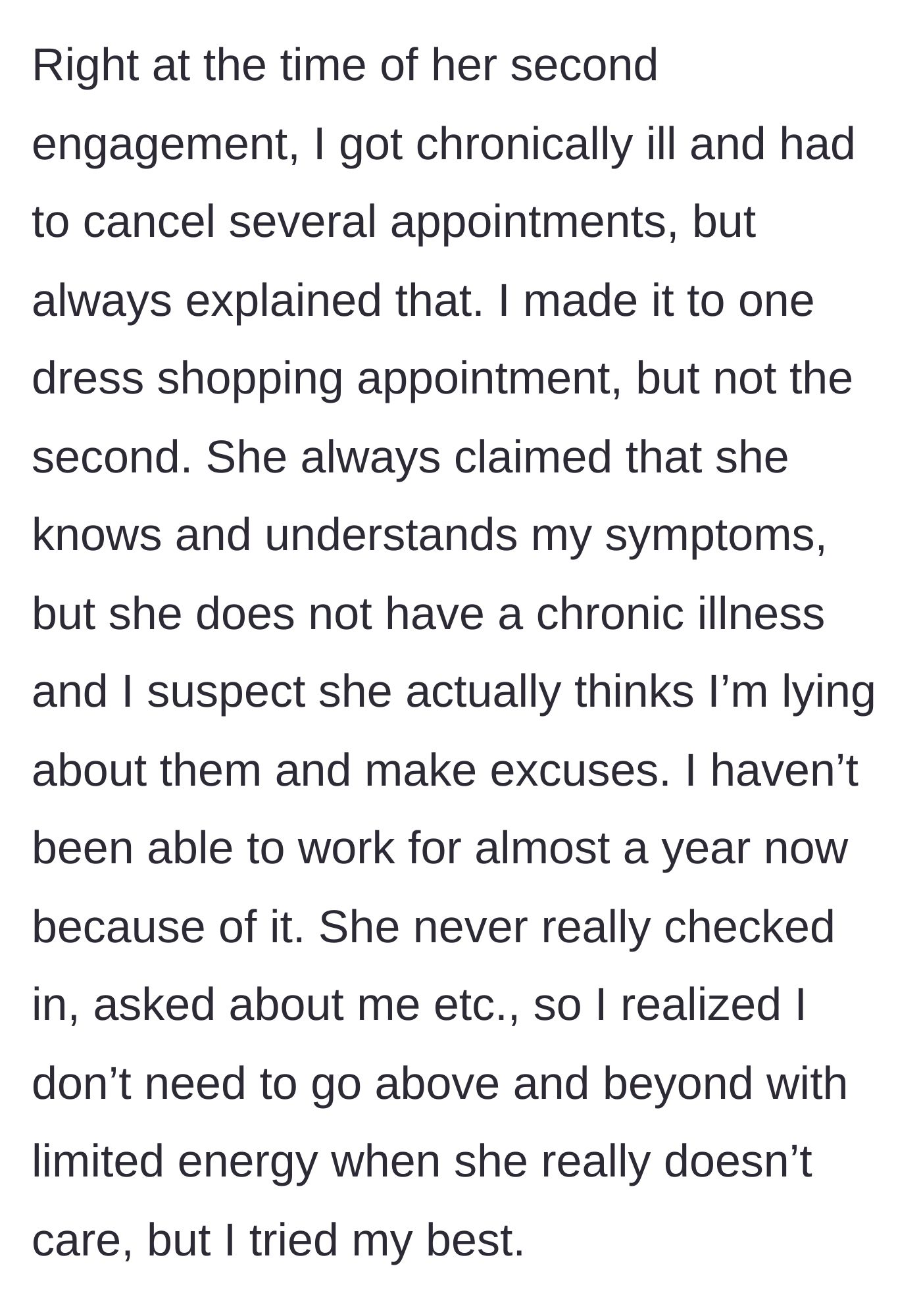 Story part 2 - The author gets chronically ill, misses a dress appointment, and the bride stops checking in.
