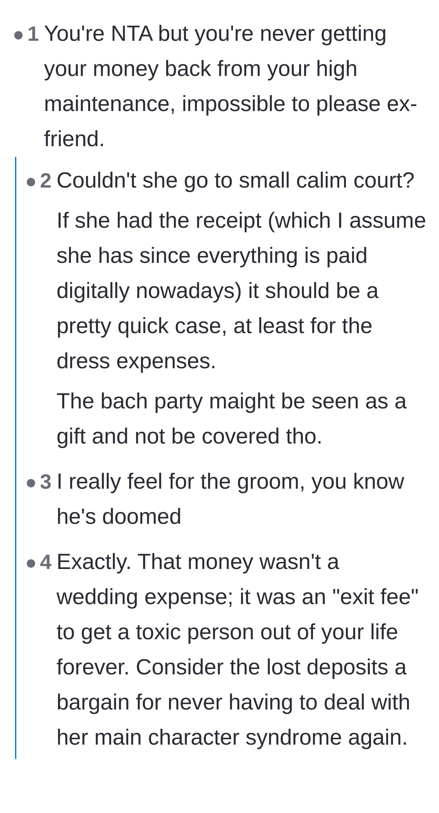 Comment thread 1 - Commenters discussing small claims court and calling the lost money an exit fee from a toxic friendship
