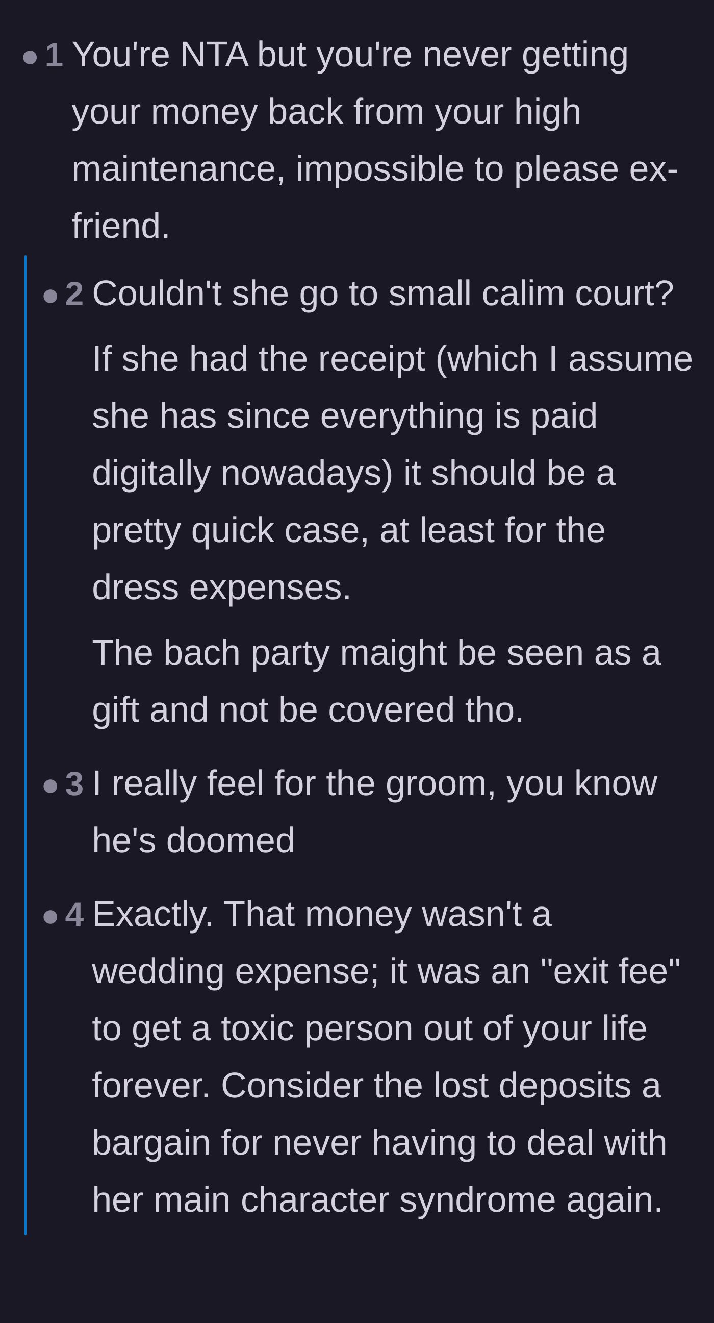 Comment thread 1 - Commenters discussing small claims court and calling the lost money an exit fee from a toxic friendship