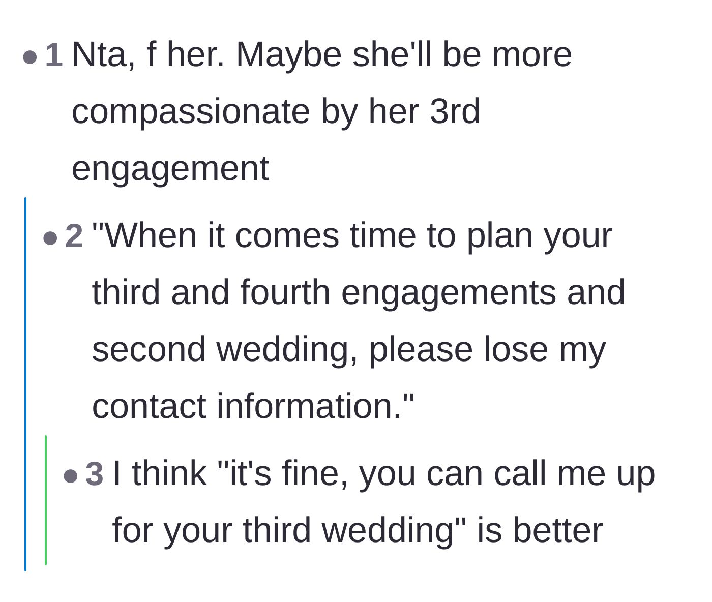 Comment thread 5 - Sarcastic jokes about waiting for the bride's inevitable third engagement and second wedding