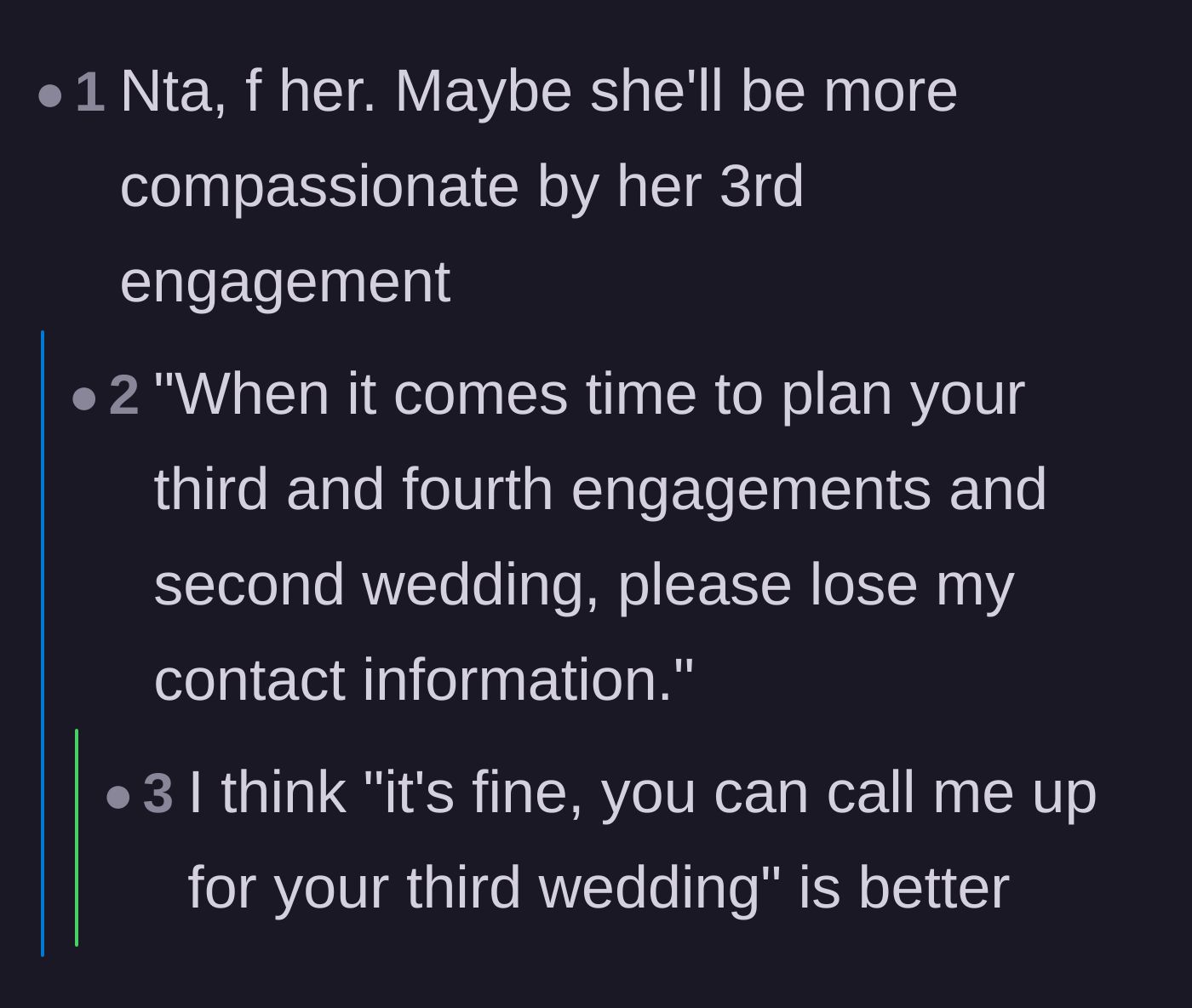 Comment thread 5 - Sarcastic jokes about waiting for the bride's inevitable third engagement and second wedding