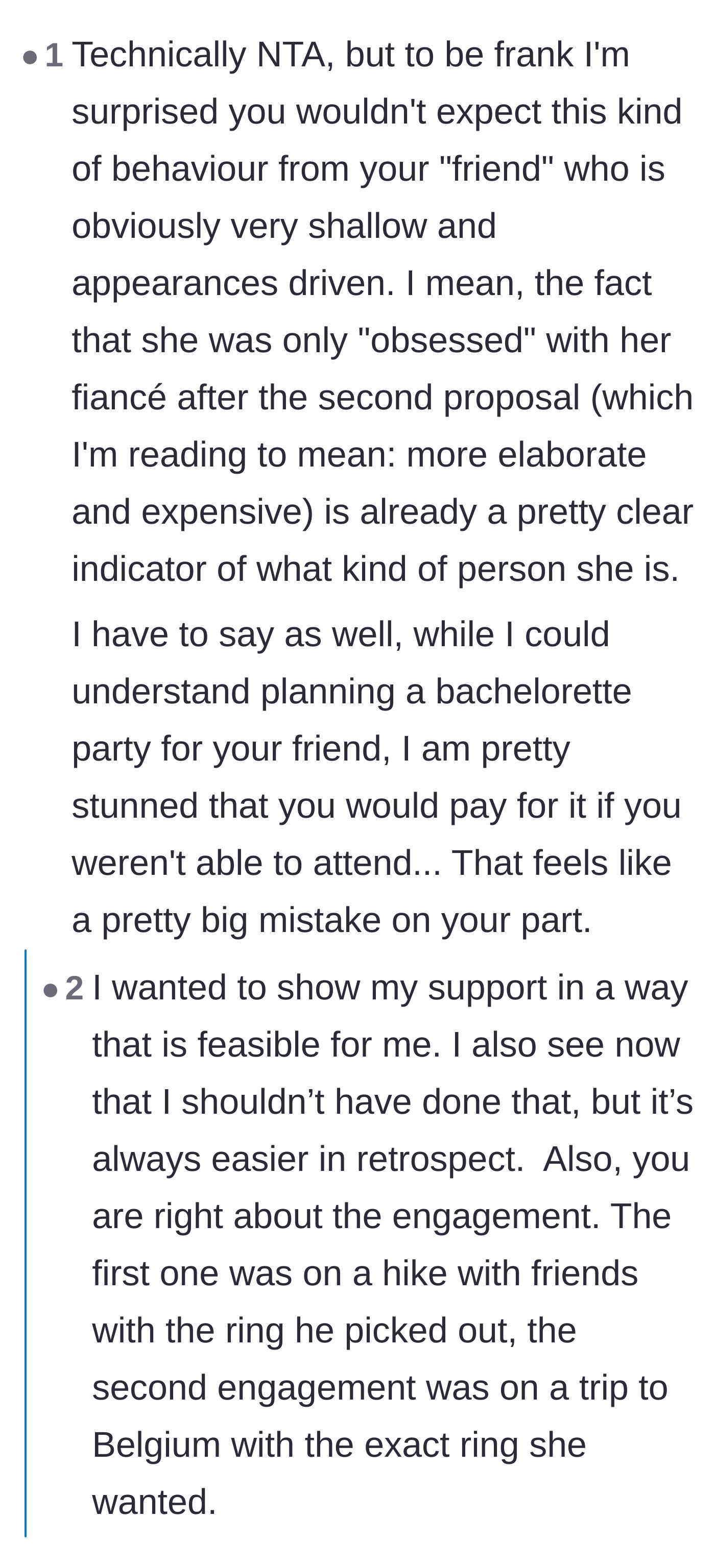 Comment thread 6 - A discussion about the bride's shallow history, with the author explaining why she financially supported an event she couldn't attend