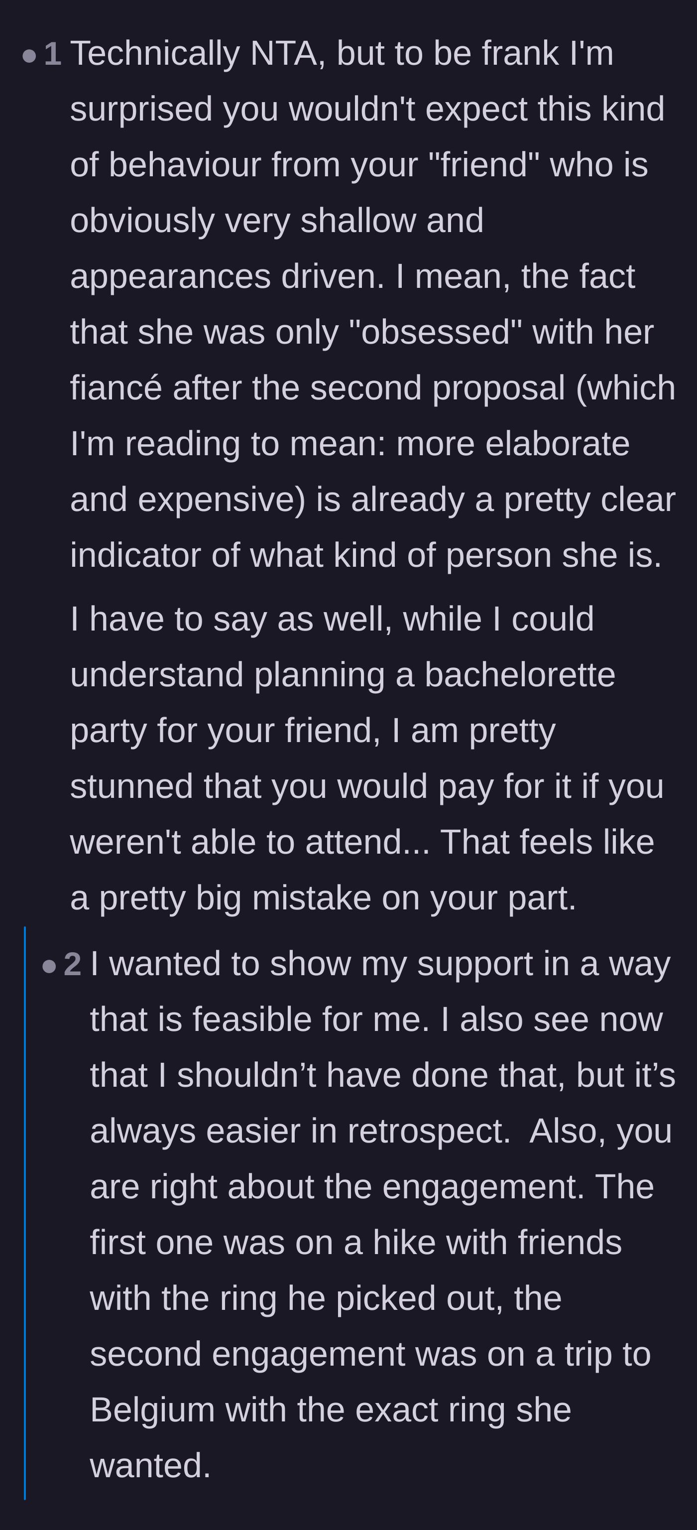 Comment thread 6 - A discussion about the bride's shallow history, with the author explaining why she financially supported an event she couldn't attend