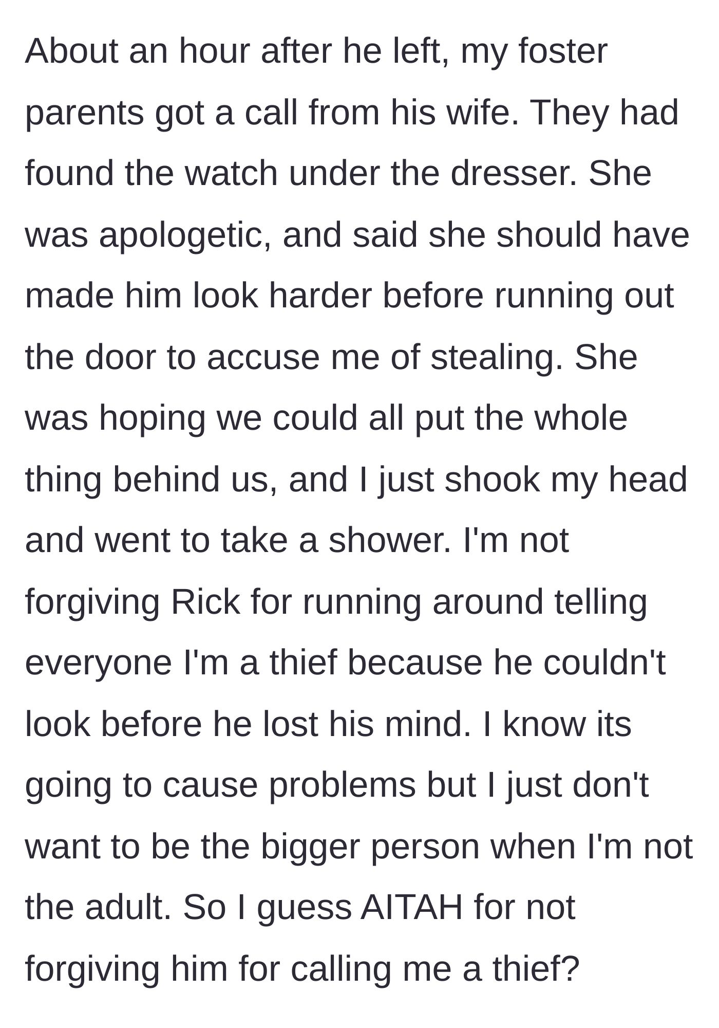 Story part 4 - The uncle's wife calls to apologize after finding the watch under a dresser, but the teen rightfully refuses to forgive him for the public humiliation.