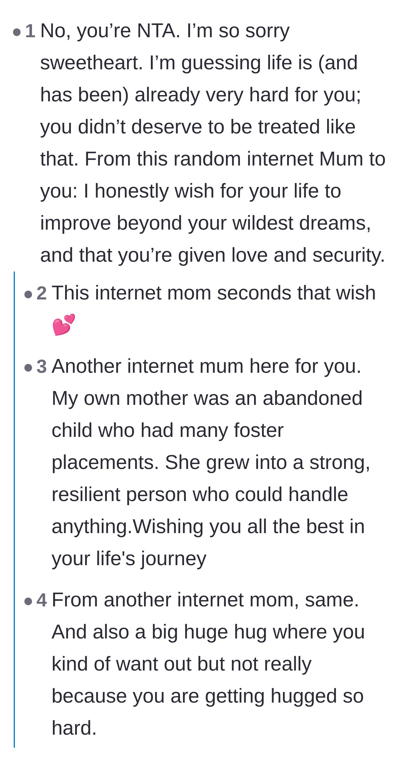 Comment thread 1 - A wave of support from mothers online offering the teenager the maternal love and validation she was denied.